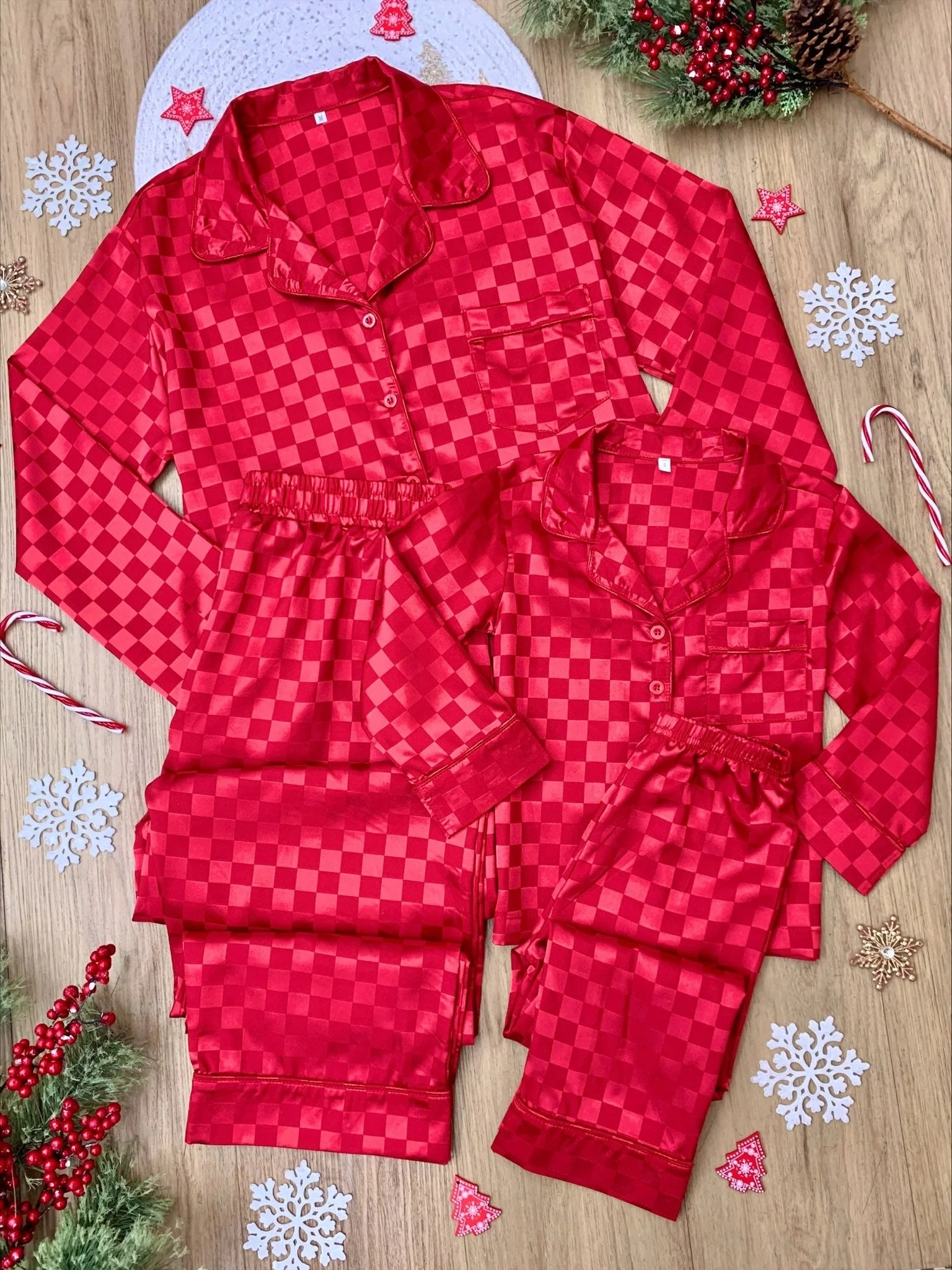Mommy and Me Red Silky Checkered Pajama Set - Image 4