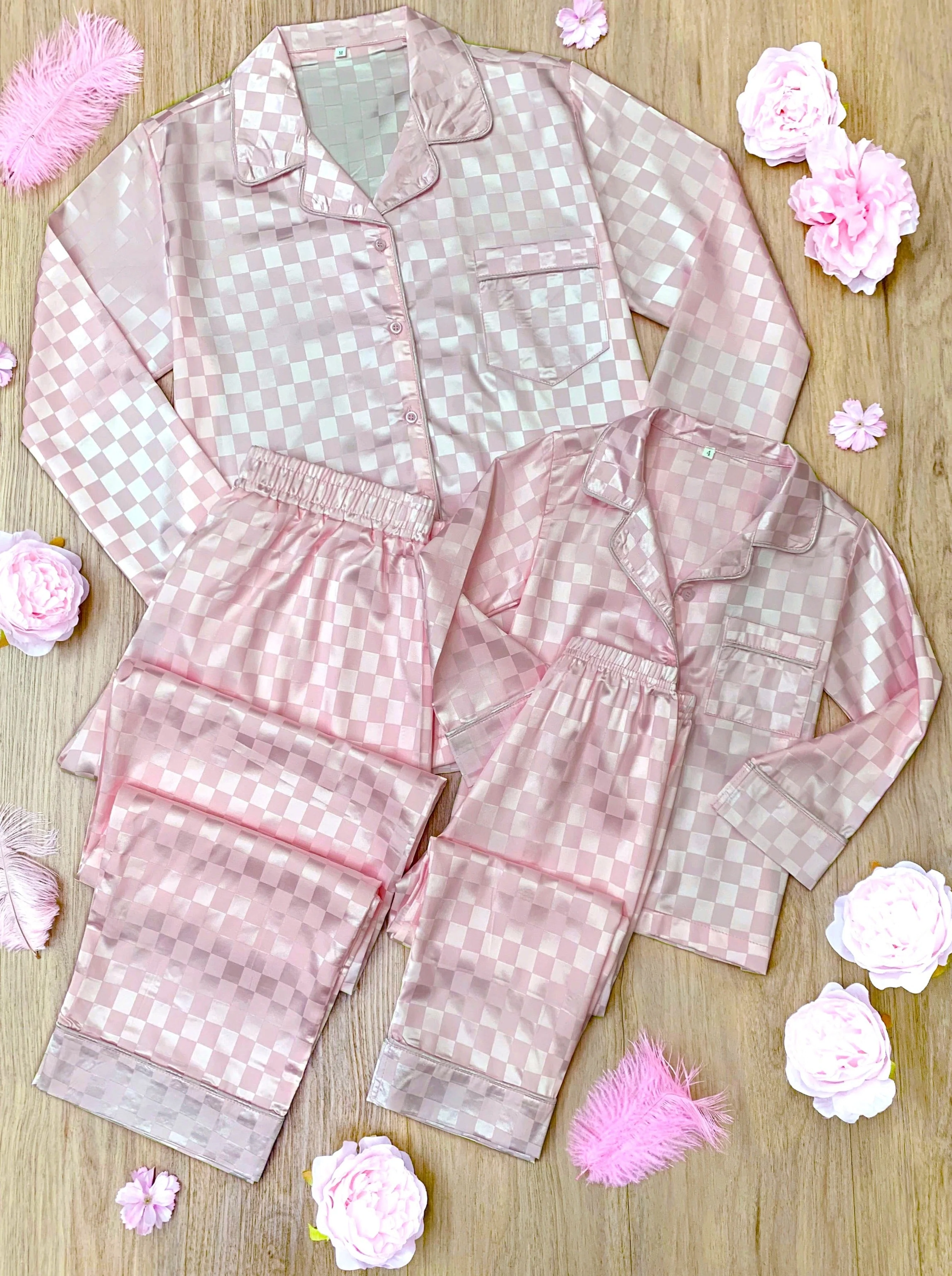 Mommy and Me Sleepy Cuddles Pink Checkered Silk Pajamas - Image 3
