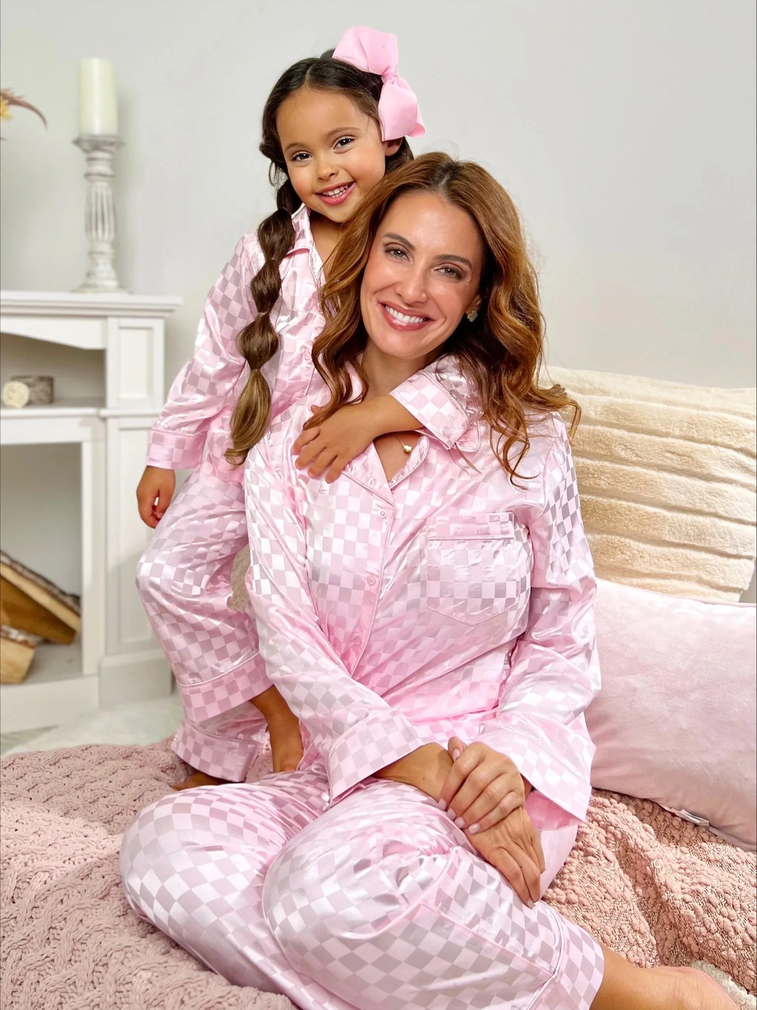 Mommy and Me Sleepy Cuddles Pink Checkered Silk Pajamas - Image 4
