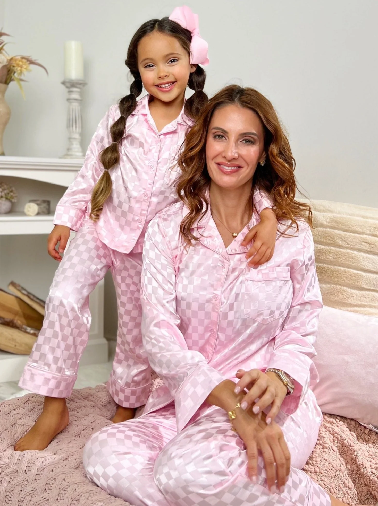 Mommy and Me Sleepy Cuddles Pink Checkered Silk Pajamas - Image 5