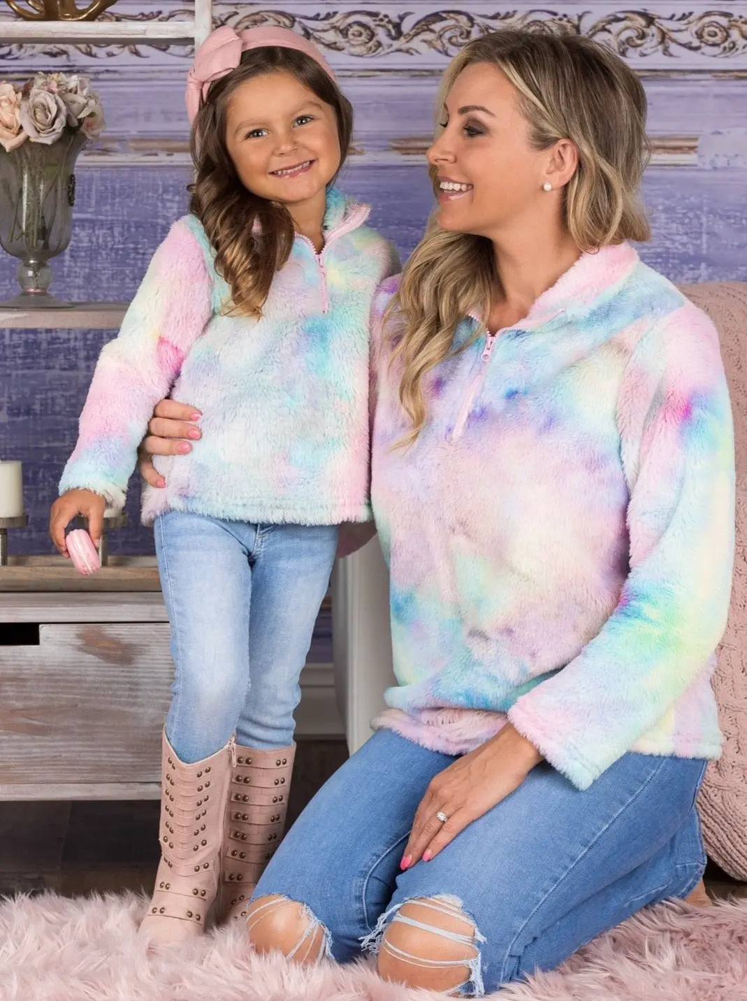 Mommy and Me Pastel Rainbow Fleece Sweater - Image 2