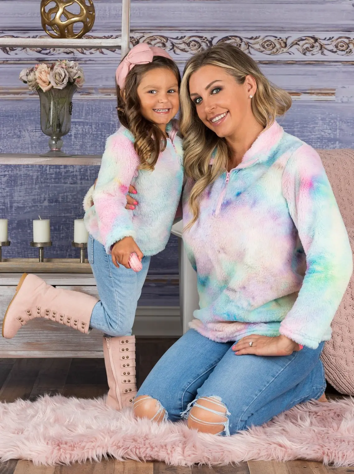 Mommy and Me Pastel Rainbow Fleece Sweater - Image 3