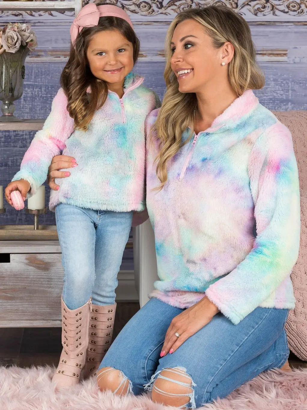 Mommy and Me Pastel Rainbow Fleece Sweater - Image 4