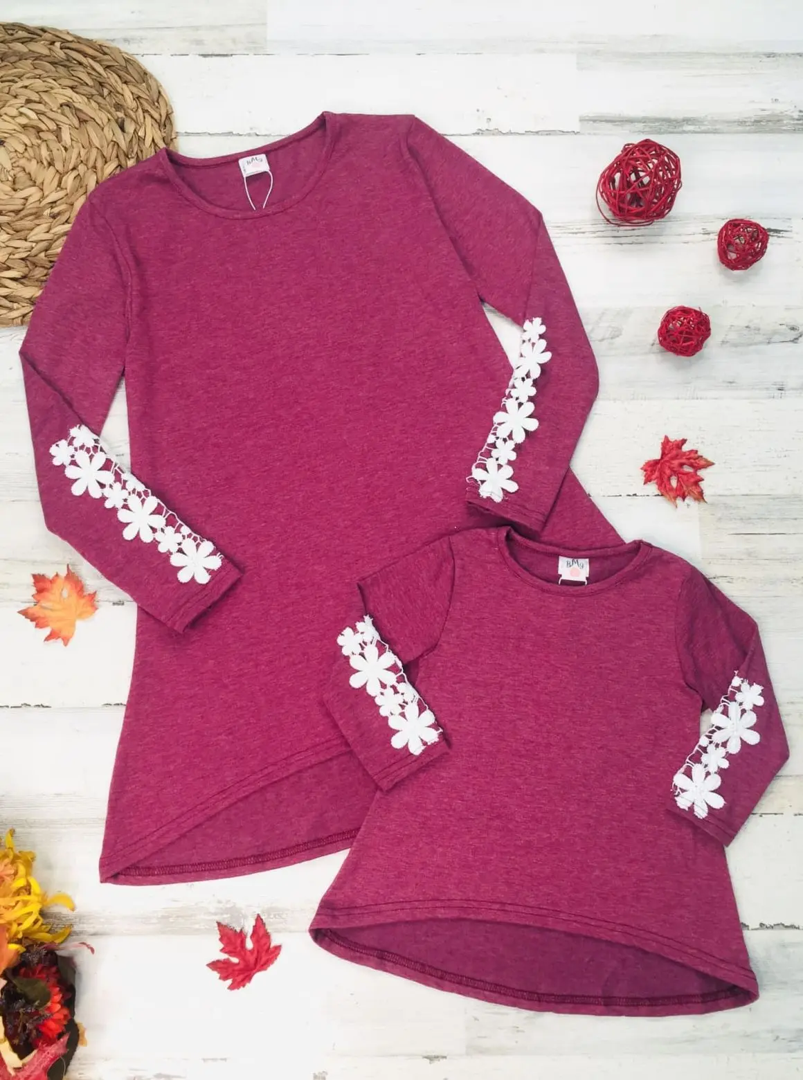 Mommy and Me Fuchsia Long Sleeve Hi-Lo Flower Trim Tunic - Image 2