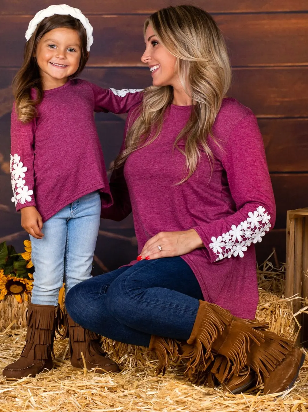 Mommy and Me Fuchsia Long Sleeve Hi-Lo Flower Trim Tunic - Image 3