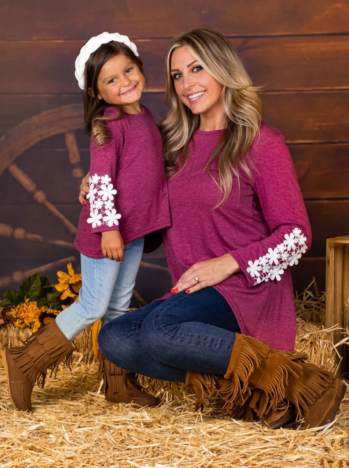Mommy and Me Fuchsia Long Sleeve Hi-Lo Flower Trim Tunic - Image 4