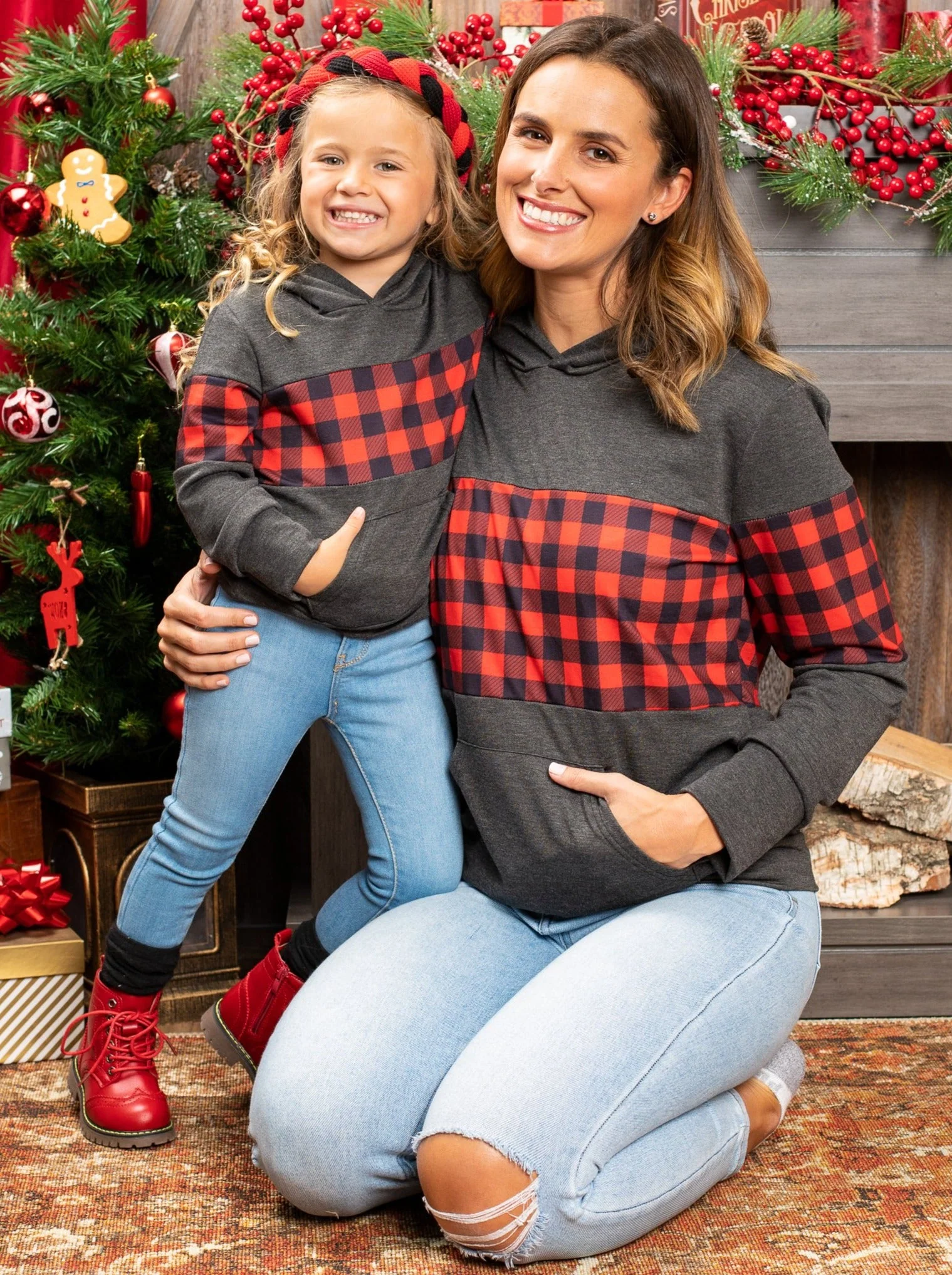 Mommy and Me Buffalo Plaid Colorblock Hoodie - Image 2