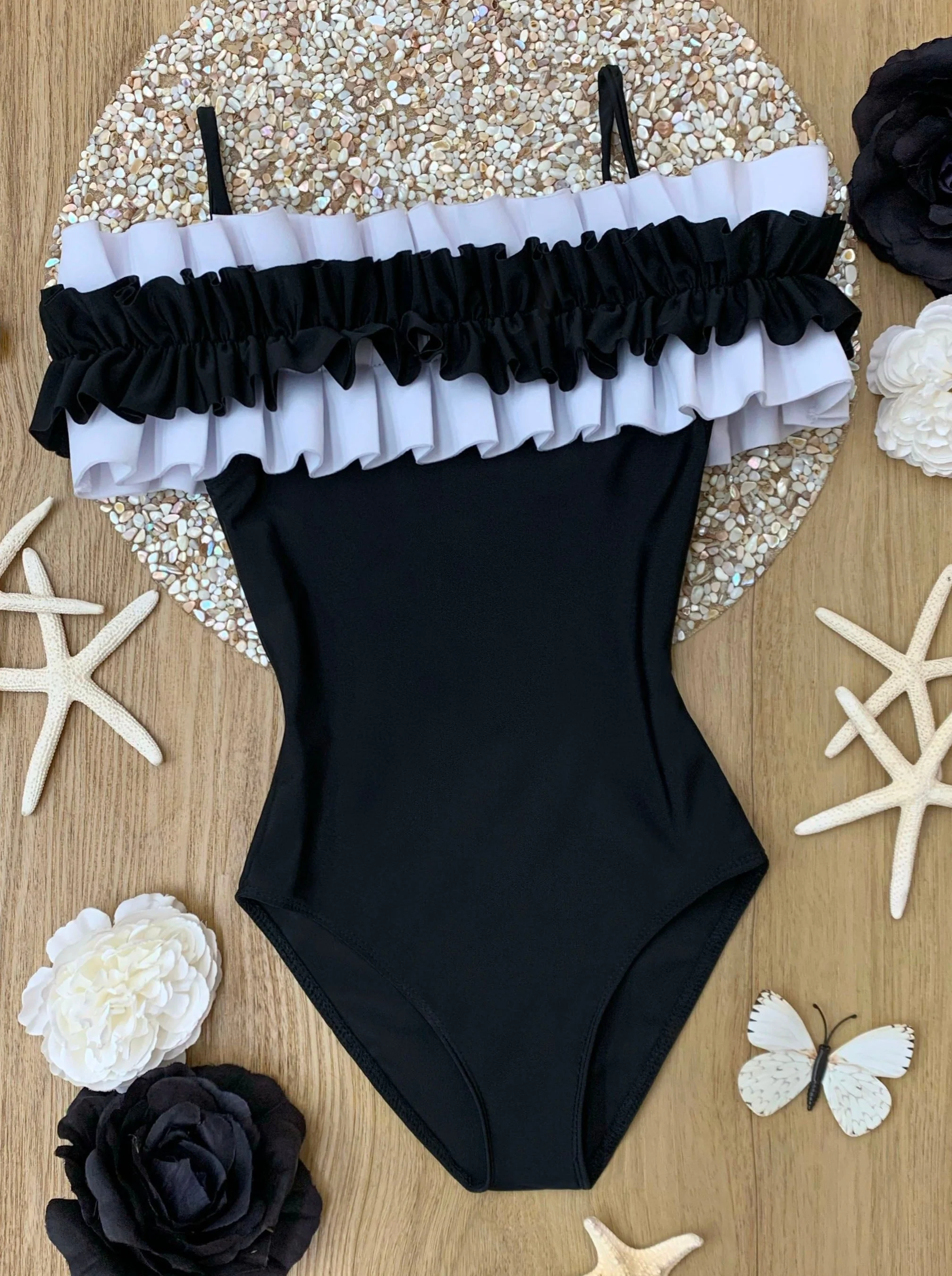 Mommy and Me Black Ruffle Shoulder One Piece Swimsuit - Image 6