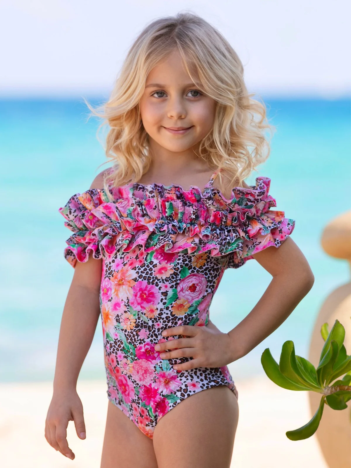 Mommy and Me Leopard Ruffle Shoulder One Piece Swimsuit - Image 5