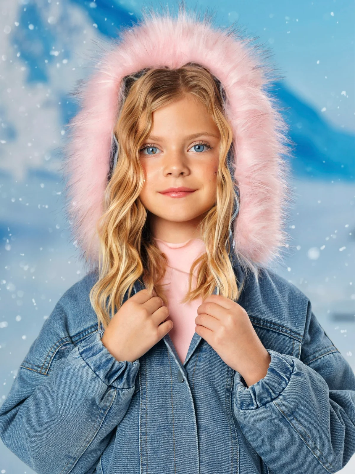 Most Popular Pink Fur Hooded Denim Coat - Image 3