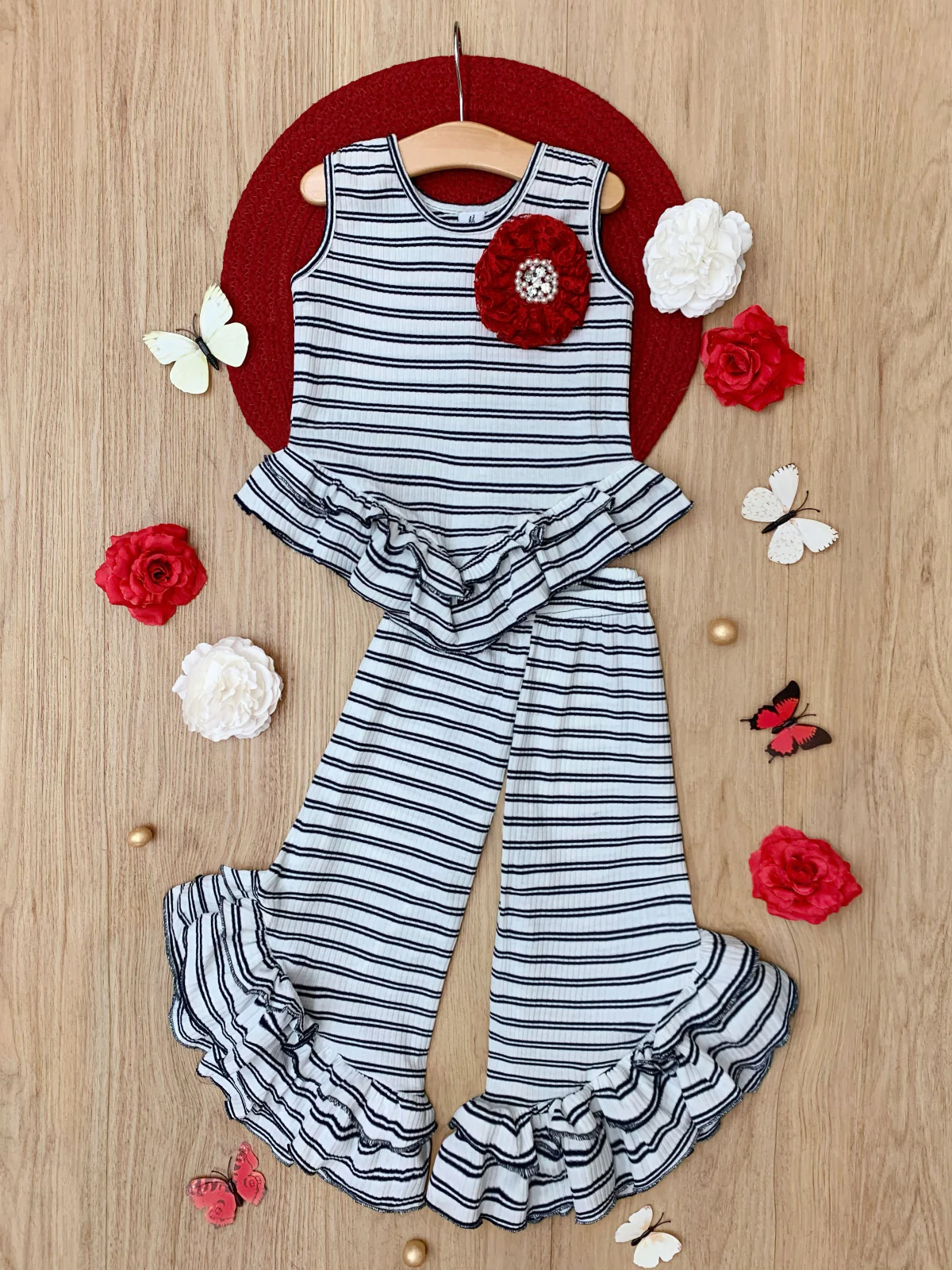 Navy Chic Stripe Top and Ruffle Pant Set - Image 4