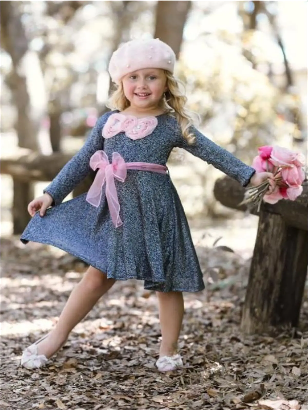 Girls Navy Shimmer Sparkle Sweater Dress with Pink Belt And Pink Bow Detail - Image 2