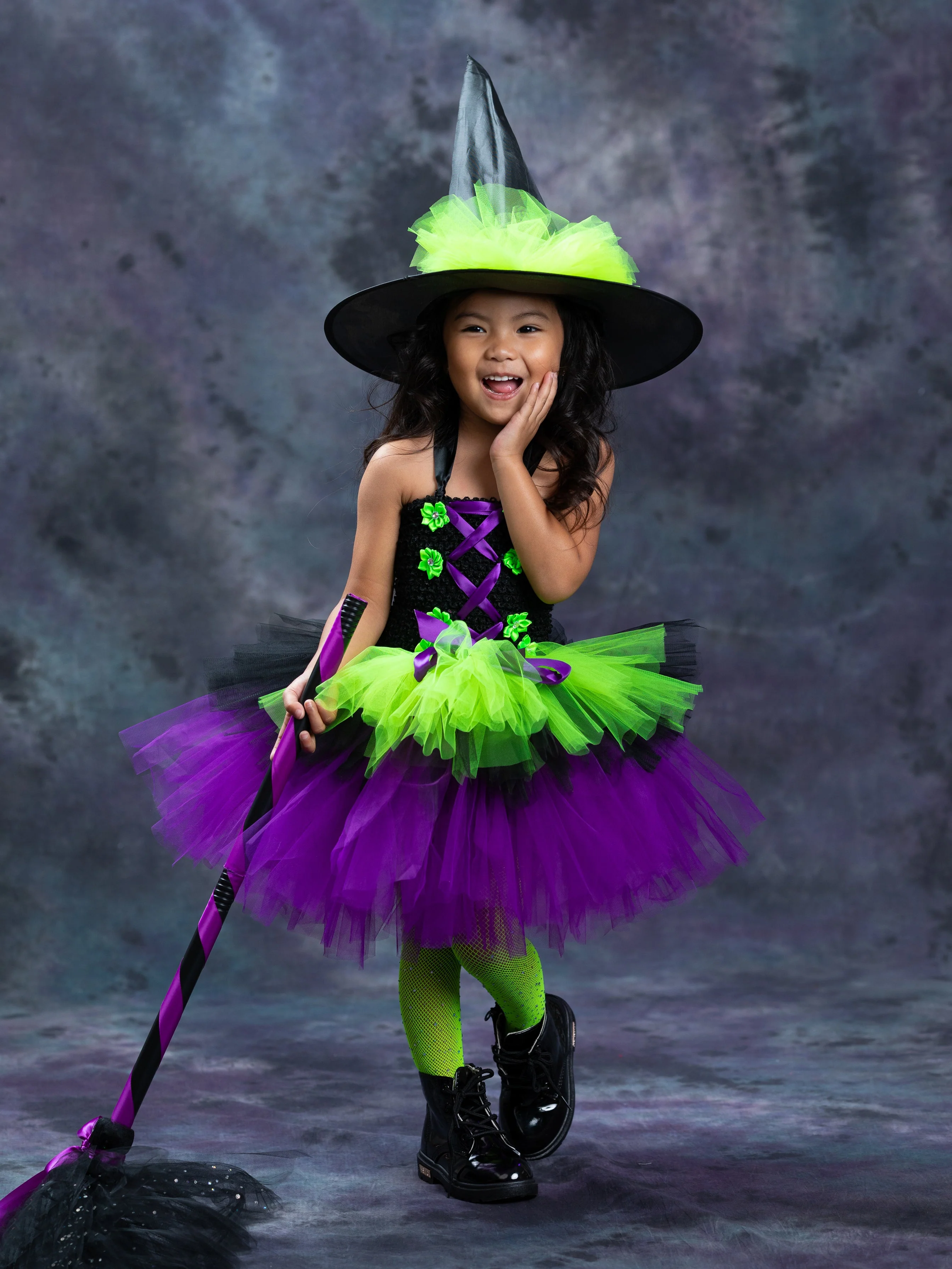 Girls Neon Witch Tutu Costume Dress with Hat - Image 10
