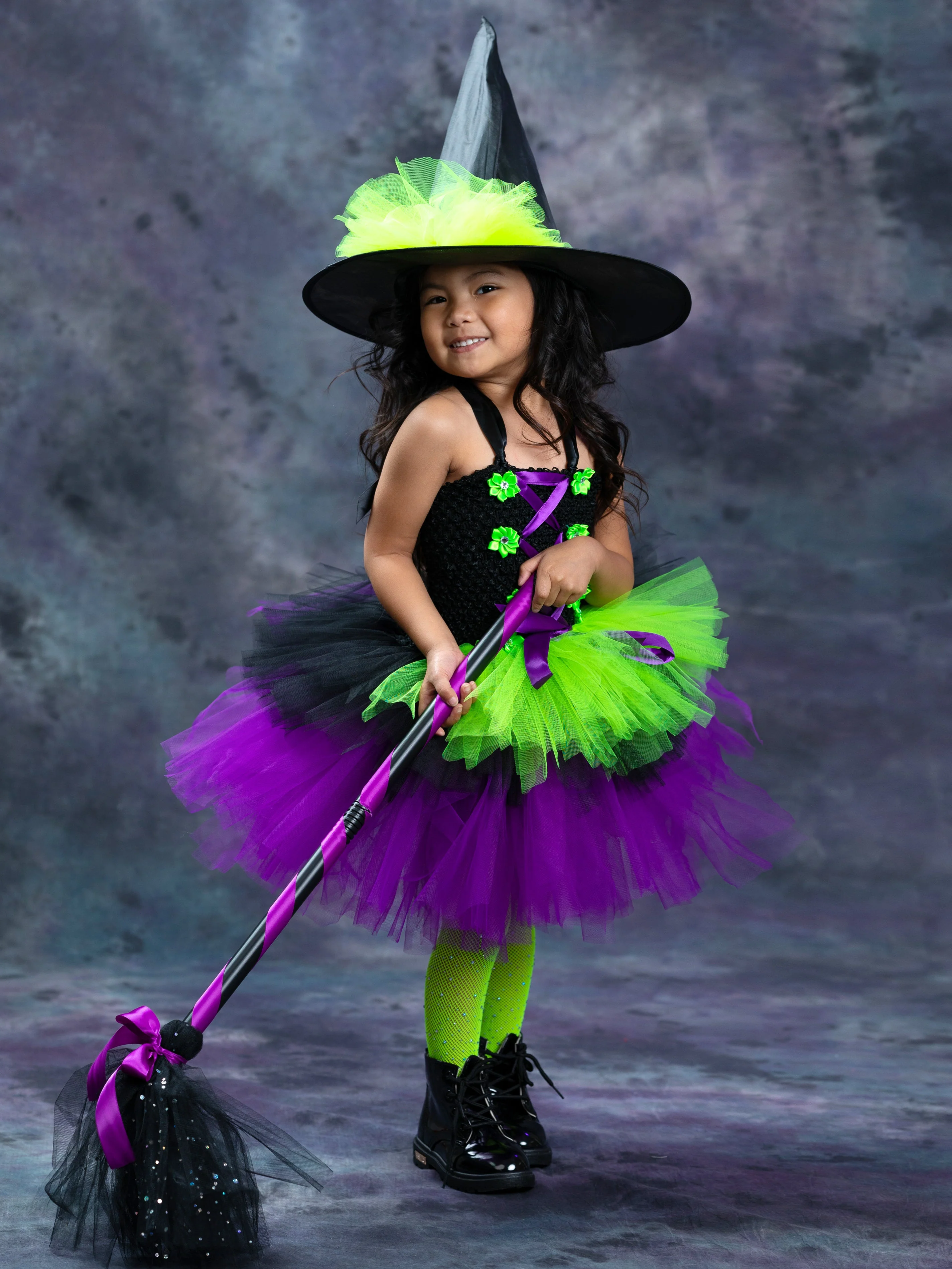 Girls Neon Witch Tutu Costume Dress with Hat - Image 11