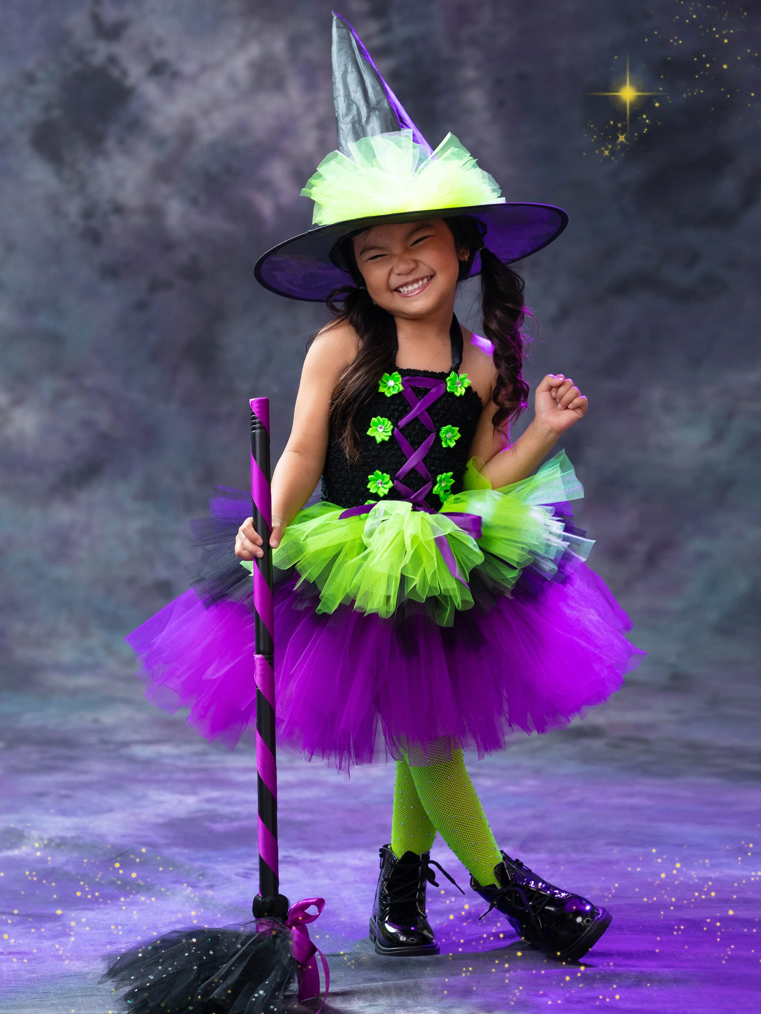 Girls Neon Witch Tutu Costume Dress with Hat - Image 12