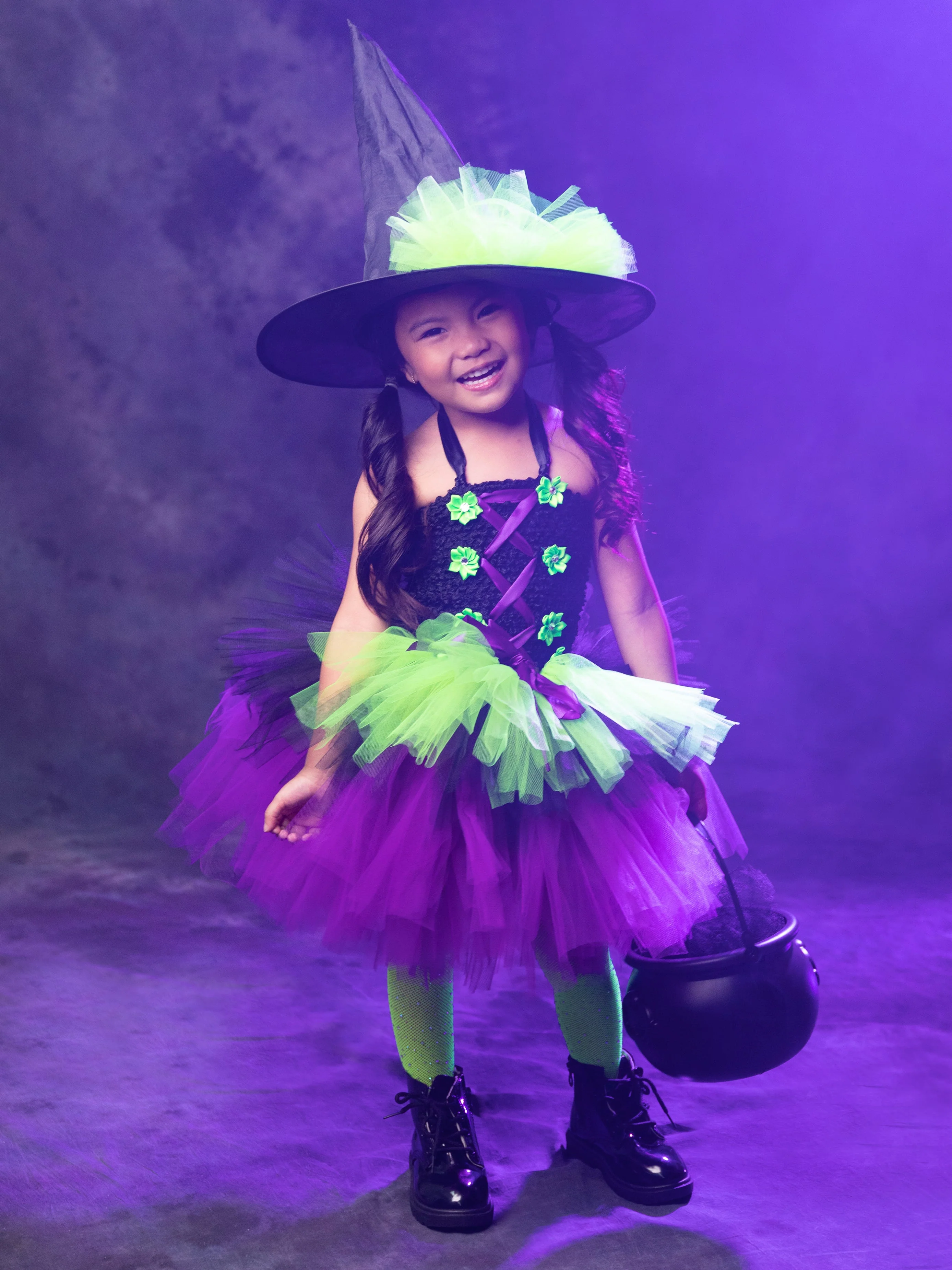 Girls Neon Witch Tutu Costume Dress with Hat - Image 13