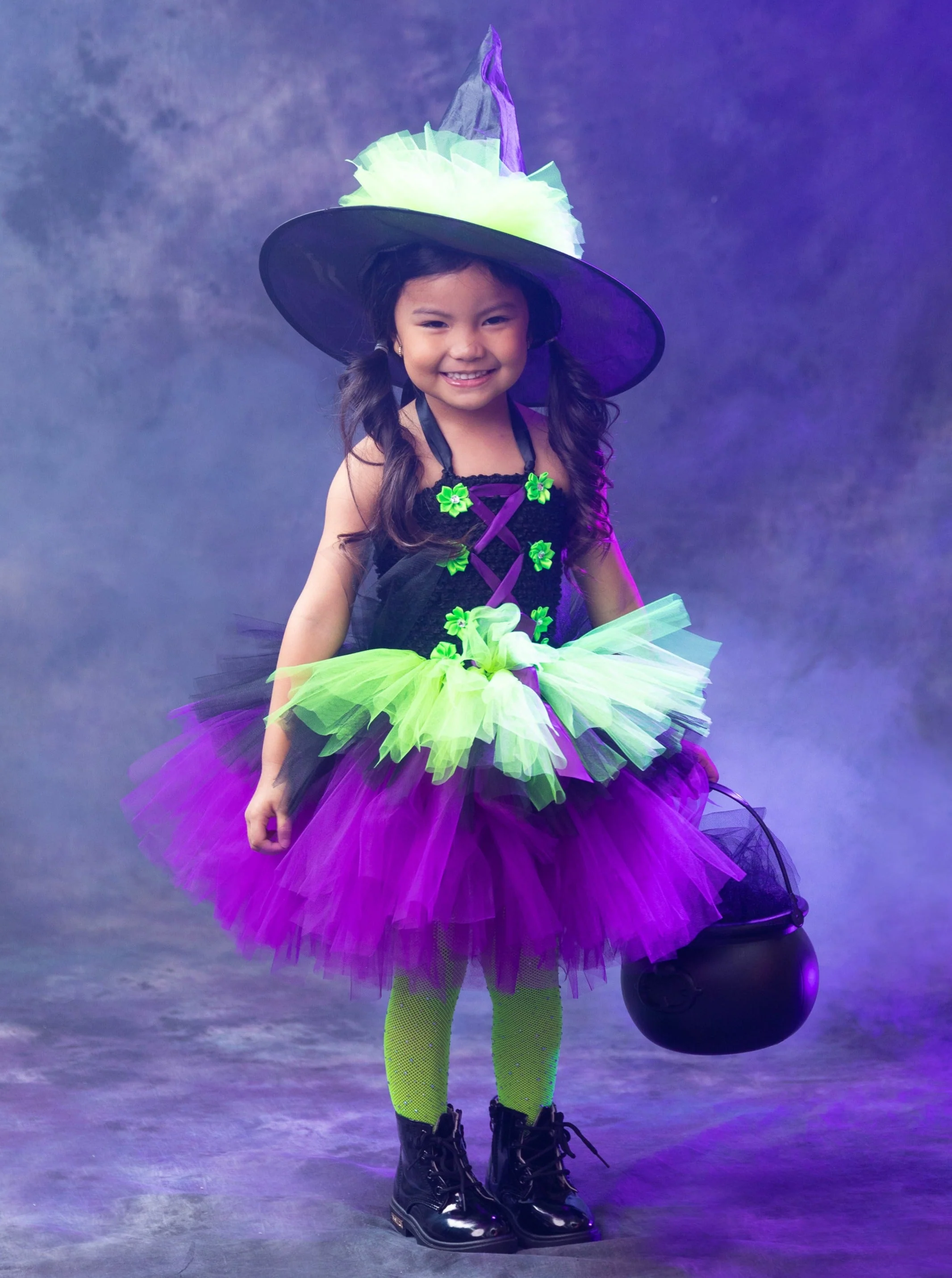 Girls Neon Witch Tutu Costume Dress with Hat - Image 2
