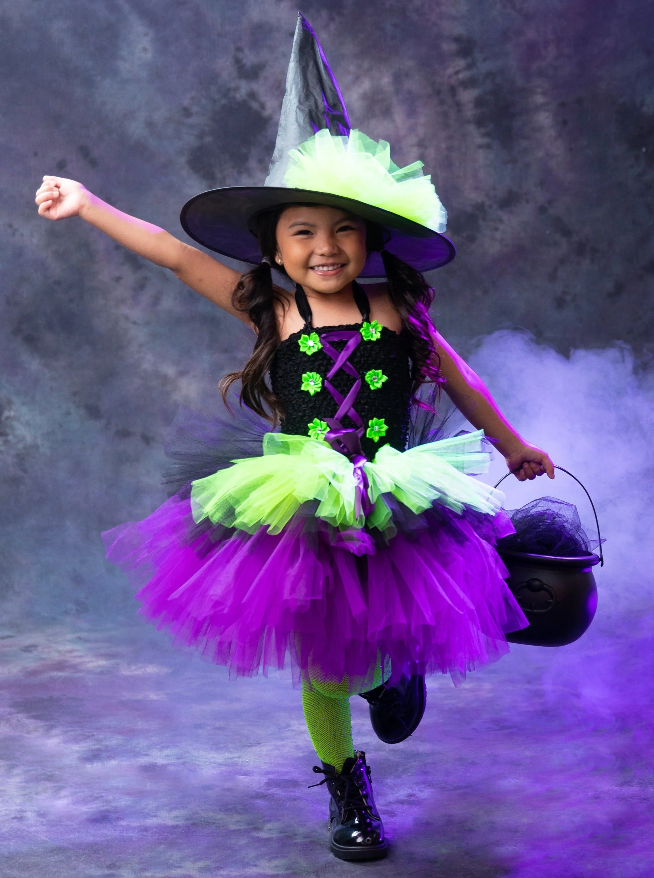 Girls Neon Witch Tutu Costume Dress with Hat - Image 3