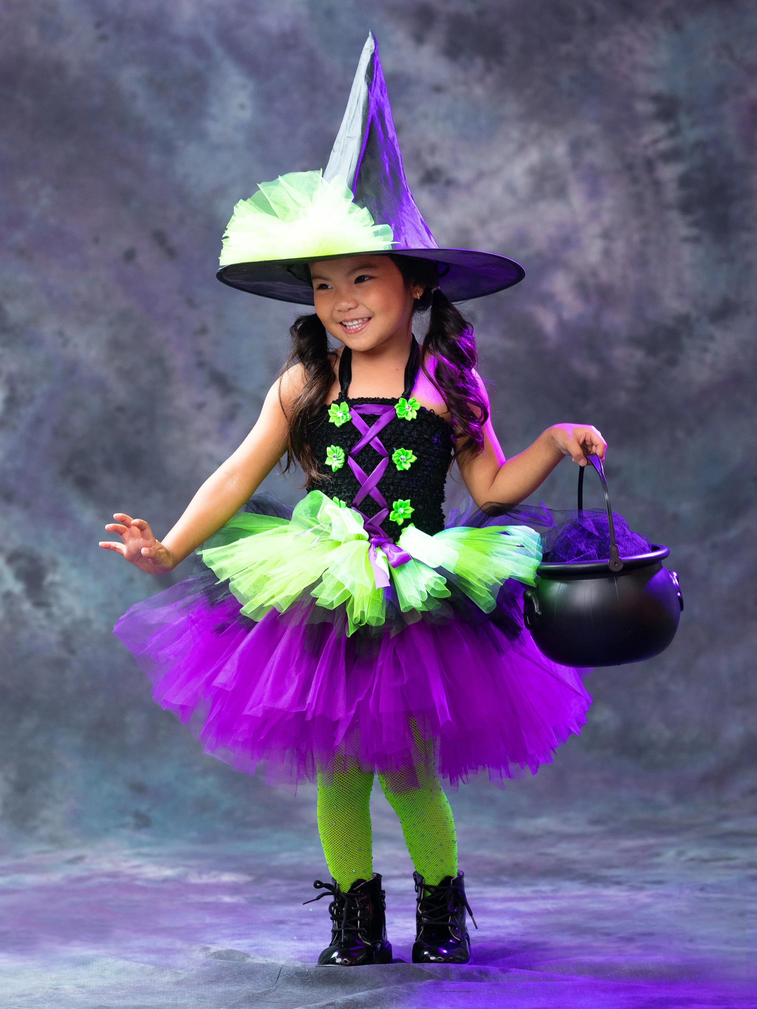 Girls Neon Witch Tutu Costume Dress with Hat - Image 4
