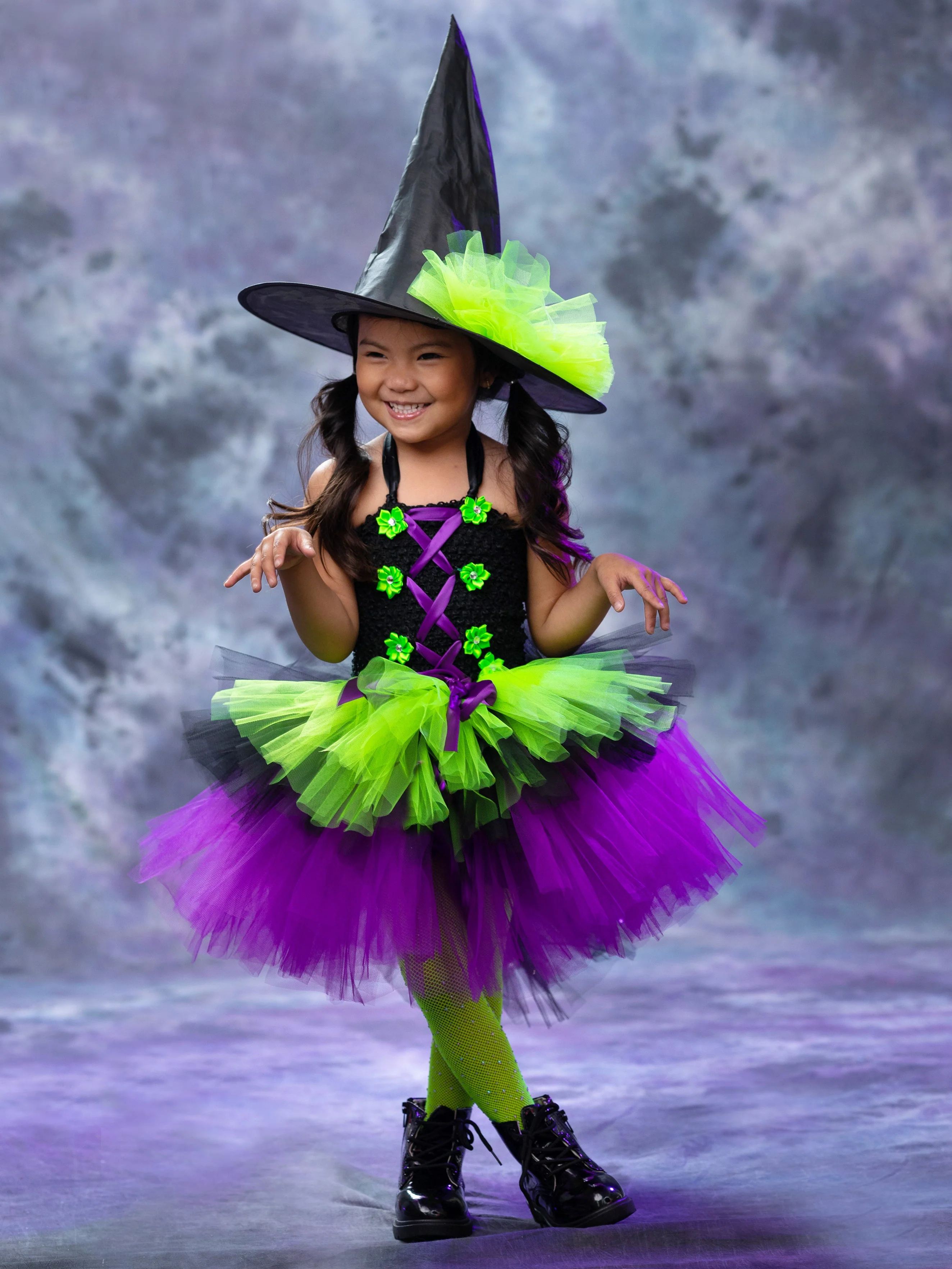 Girls Neon Witch Tutu Costume Dress with Hat - Image 5