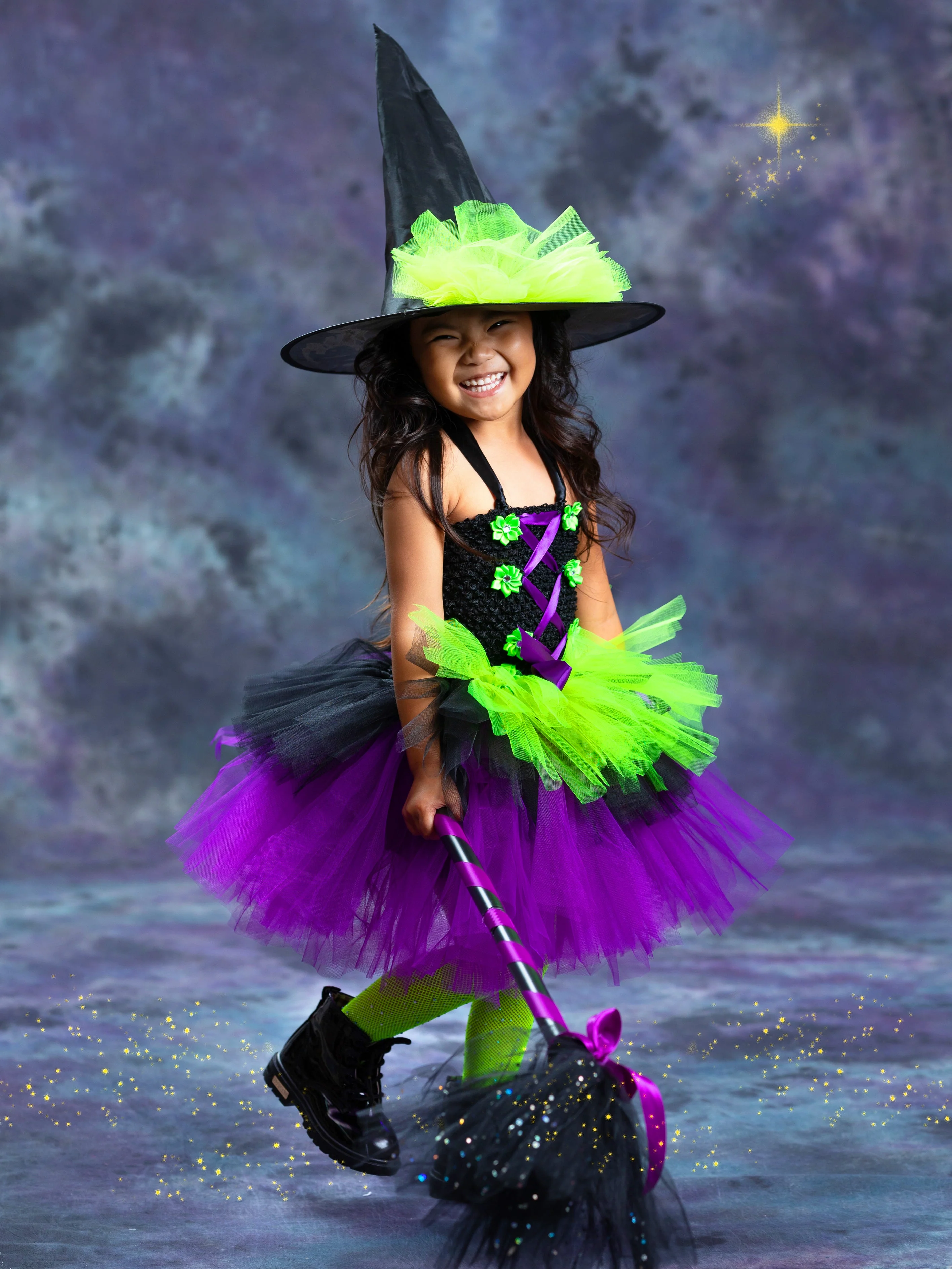 Girls Neon Witch Tutu Costume Dress with Hat - Image 6