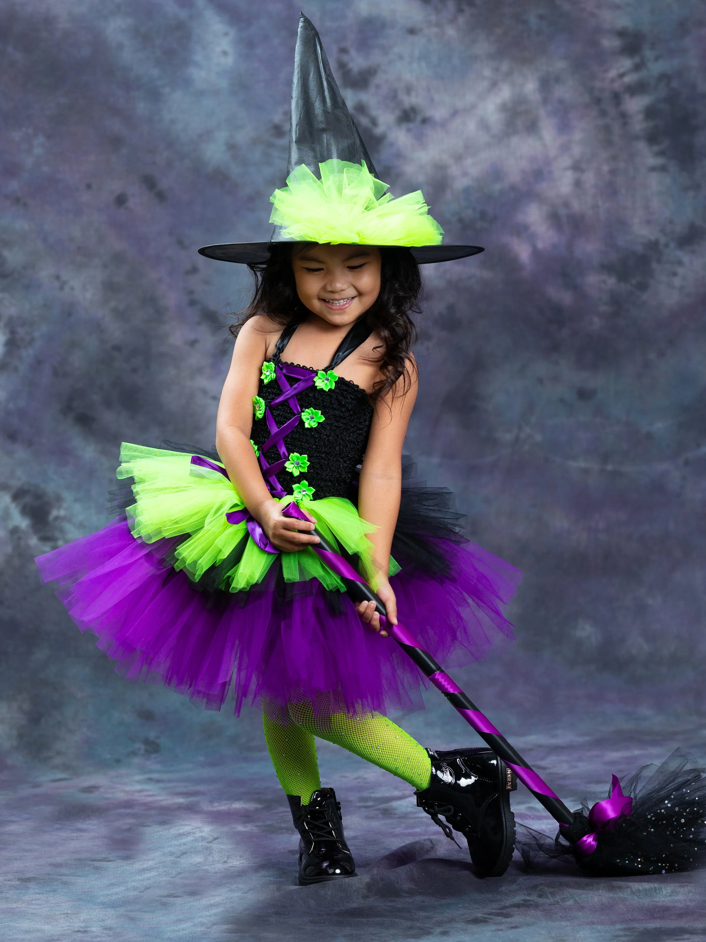 Girls Neon Witch Tutu Costume Dress with Hat - Image 7