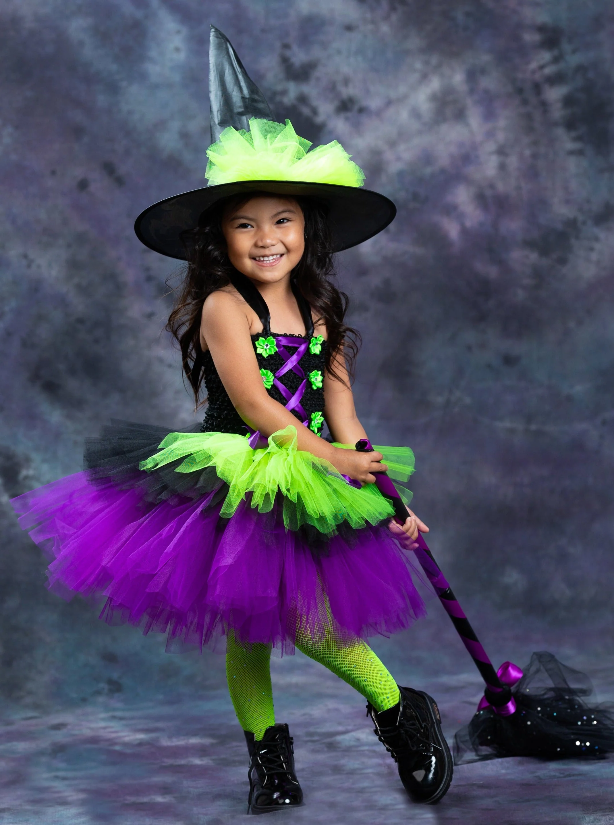Girls Neon Witch Tutu Costume Dress with Hat - Image 8