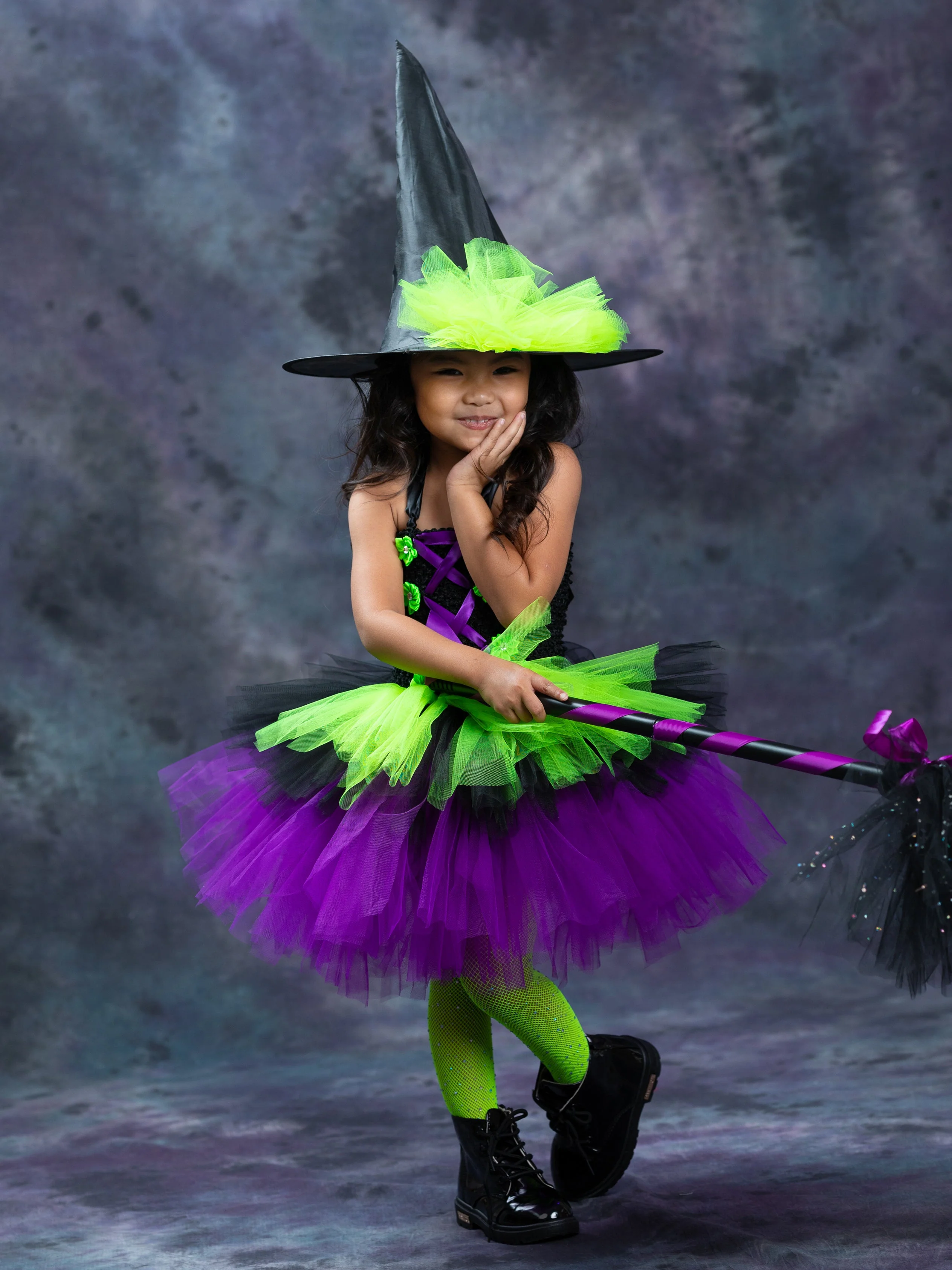 Girls Neon Witch Tutu Costume Dress with Hat - Image 9
