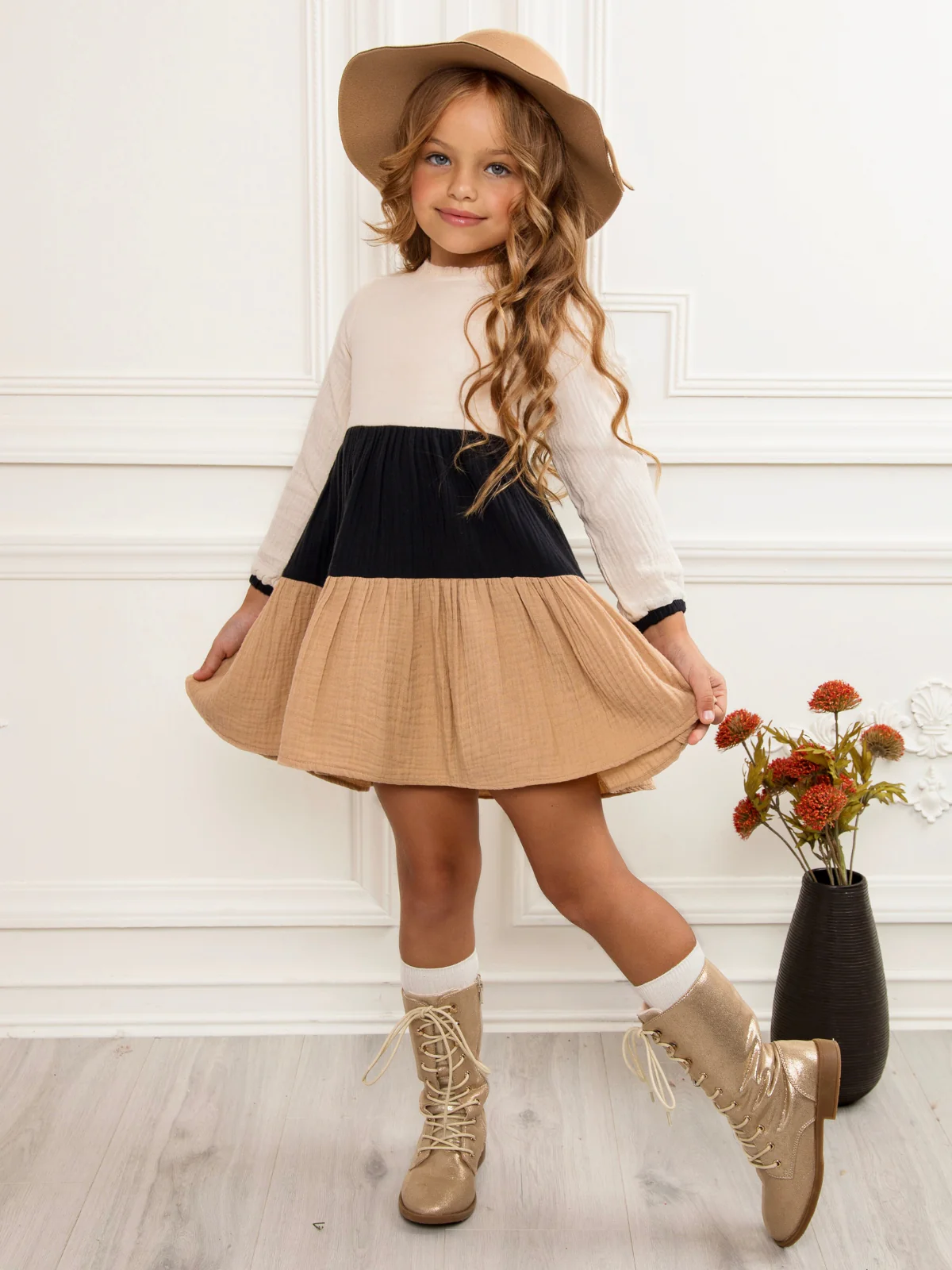 Neutral Colorblock Long Sleeve Tiered Premium Dress - Image 2