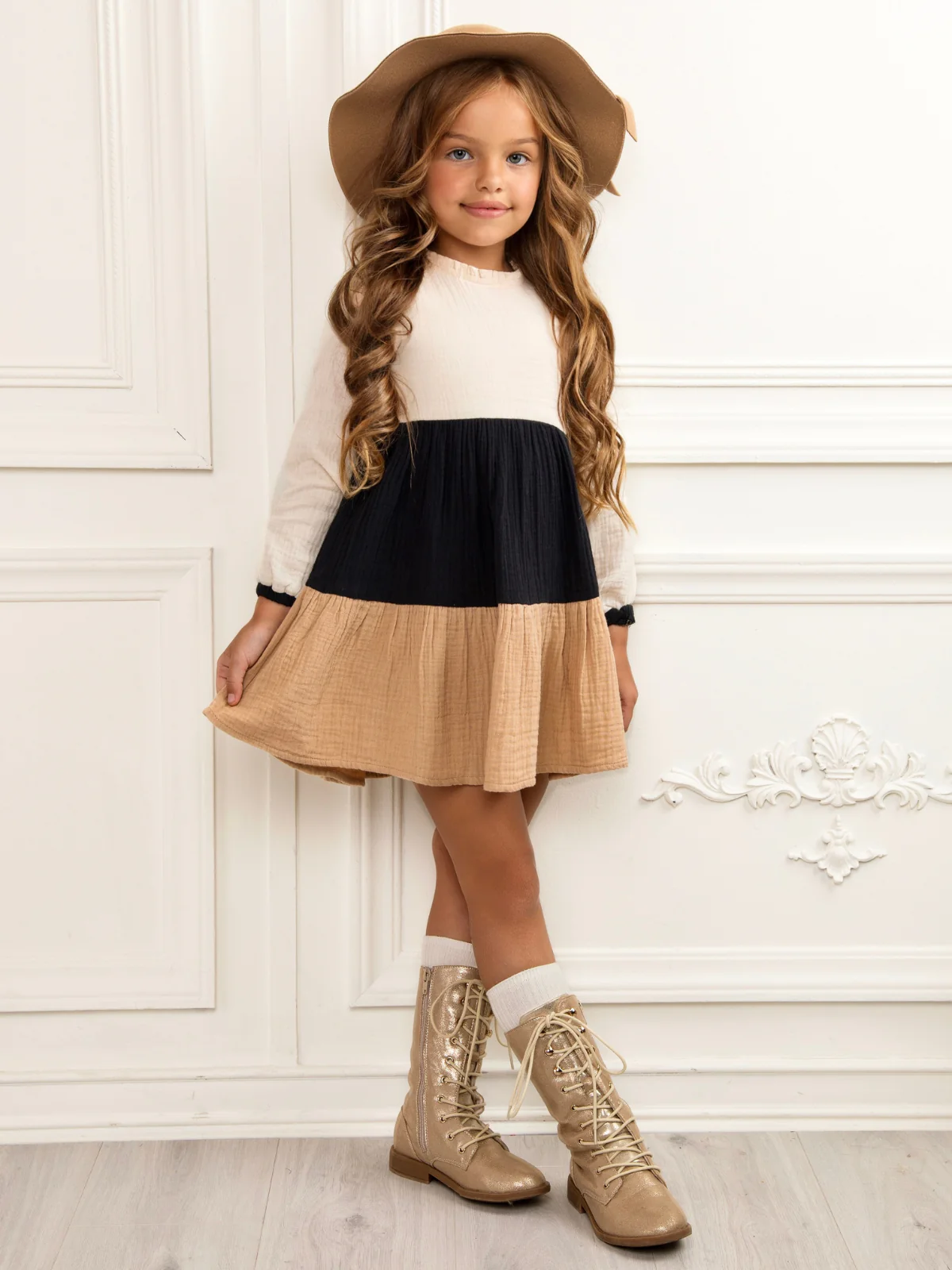 Neutral Colorblock Long Sleeve Tiered Premium Dress - Image 3