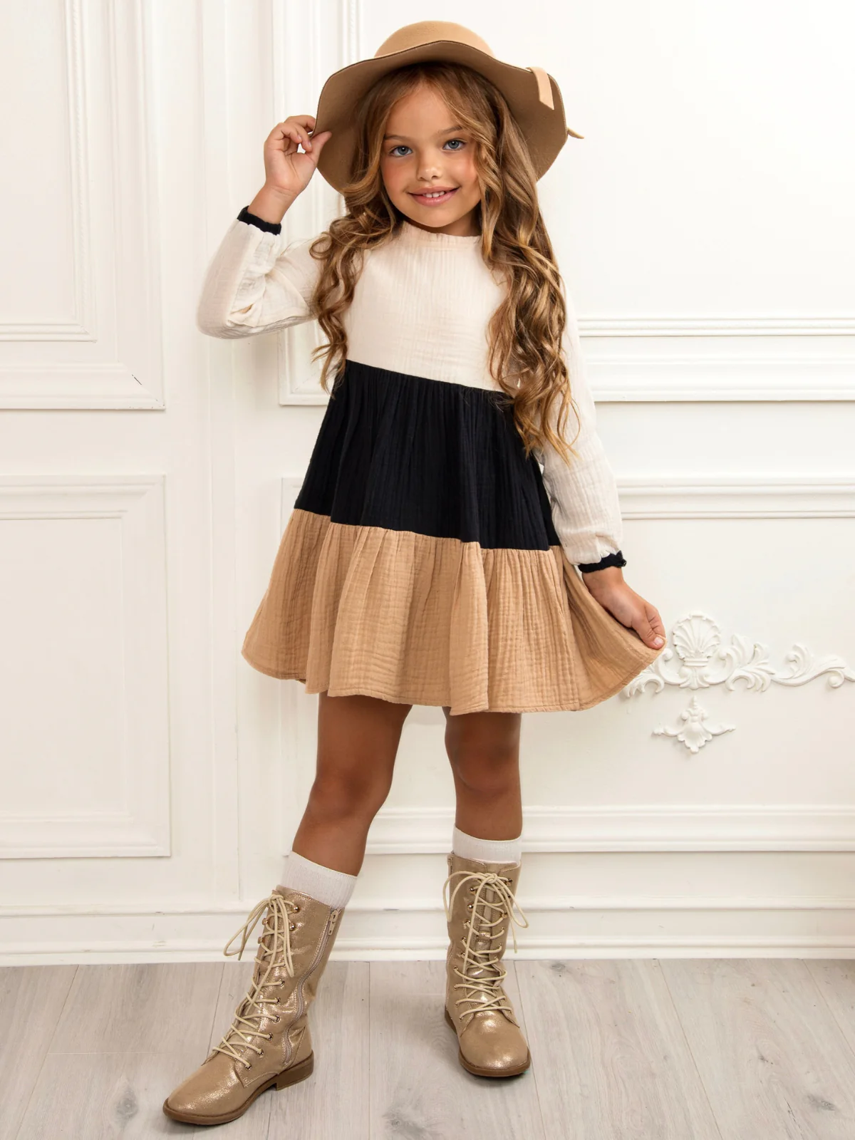 Neutral Colorblock Long Sleeve Tiered Premium Dress - Image 4