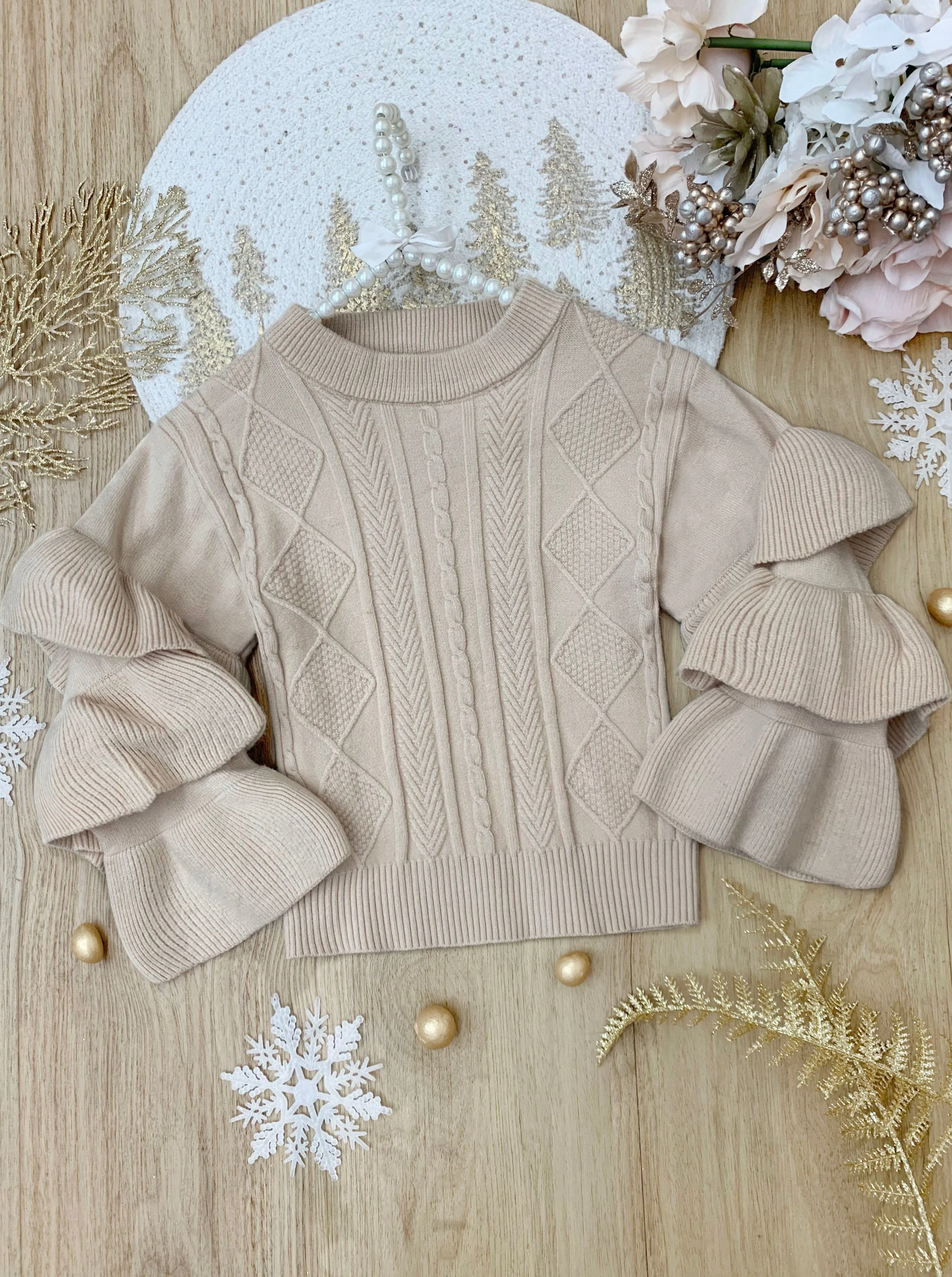 Creme Dream Tiered Sleeve Cable Knit Sweater - Image 4