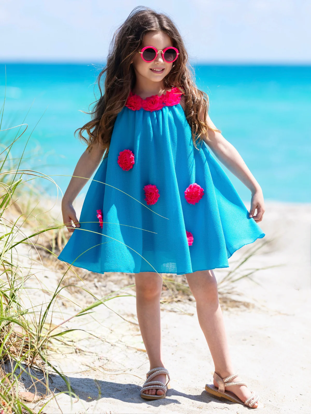 Ocean Bloom Teal Halter Dress - Image 3