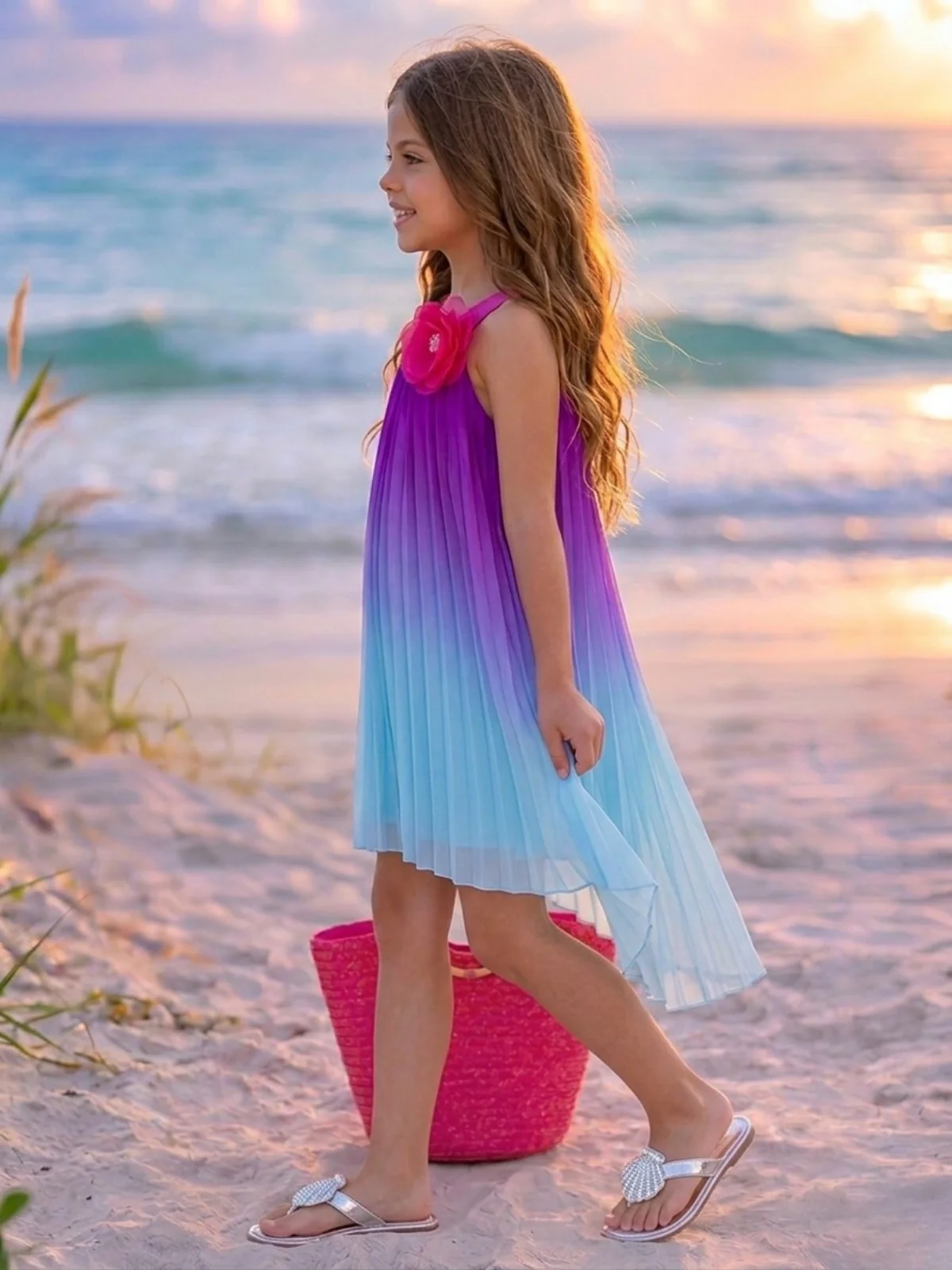 Ocean Sunset Ombre Pleated Hi-Lo Dress - Image 3