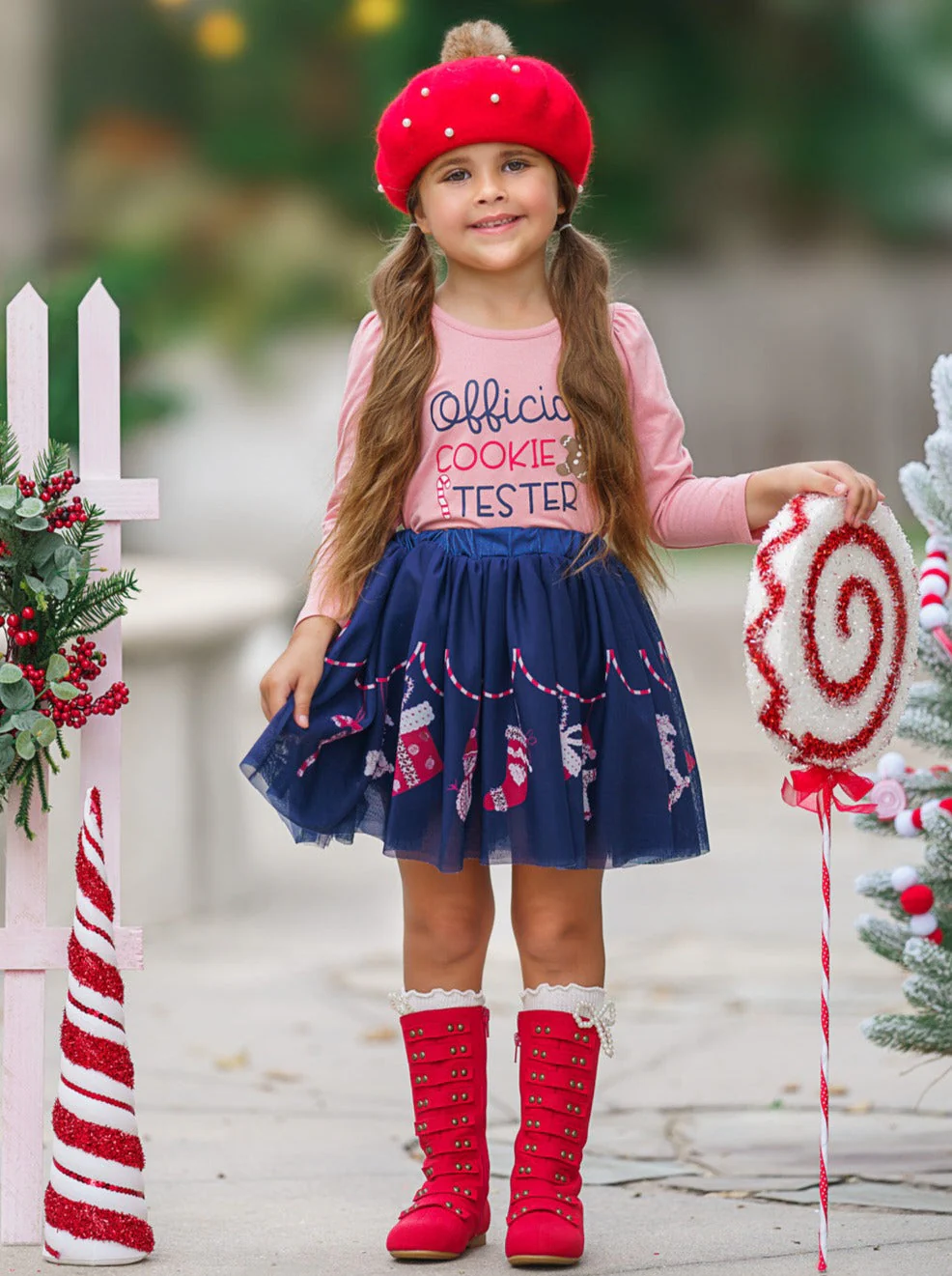Cutest Cookie Ruffle Top and Christmas Print Skirt Set - Image 4