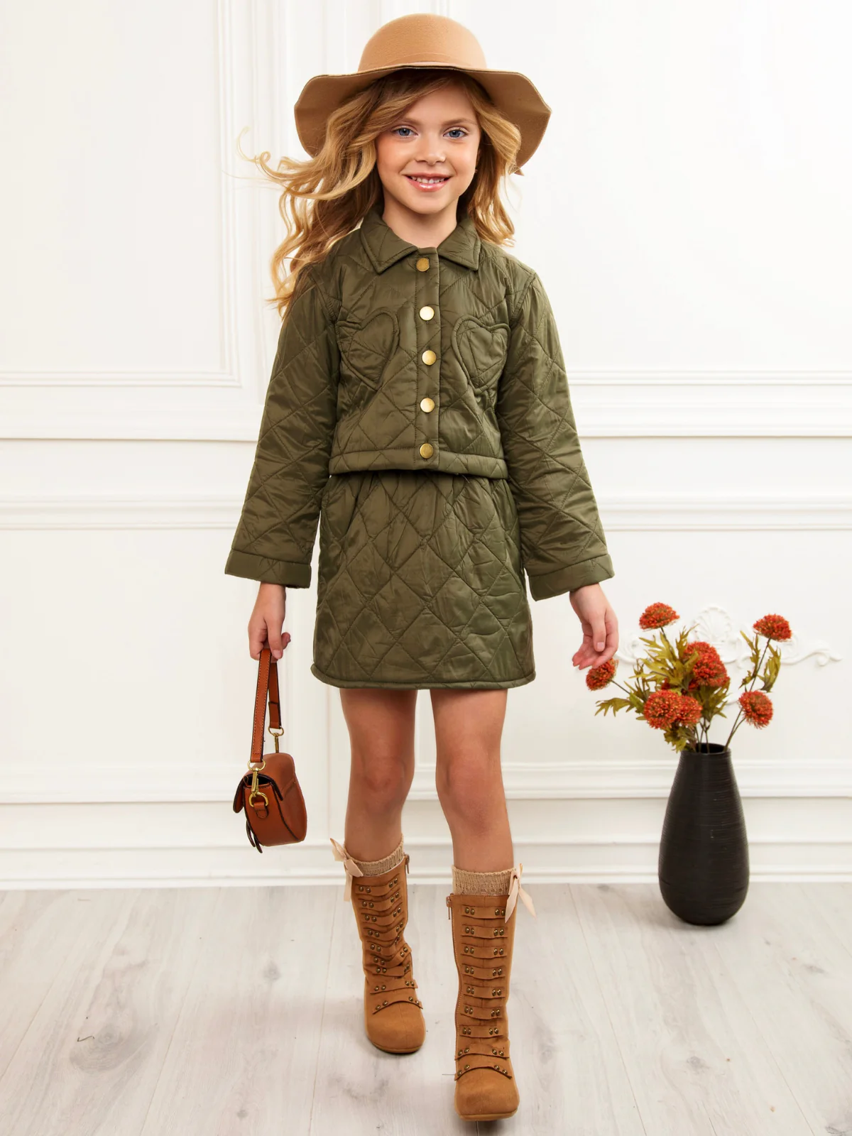Olive Heart Nylon Quilted Jacket and Matching Skirt Set - Image 4