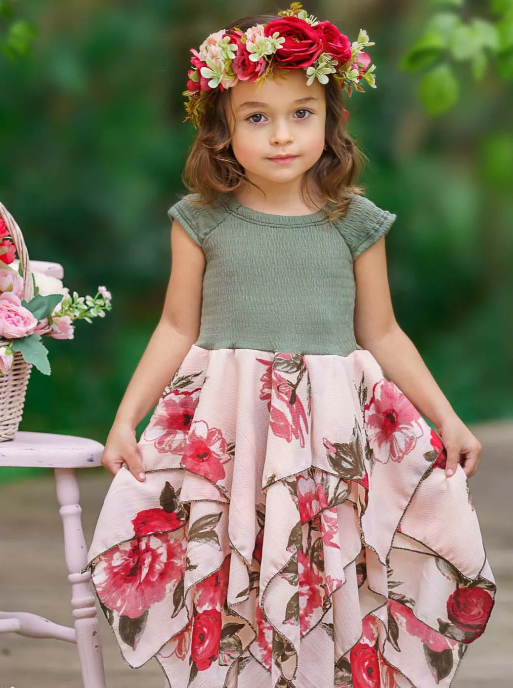 Olive Pretty Flowers Smocked Handkerchief Dress - Image 2