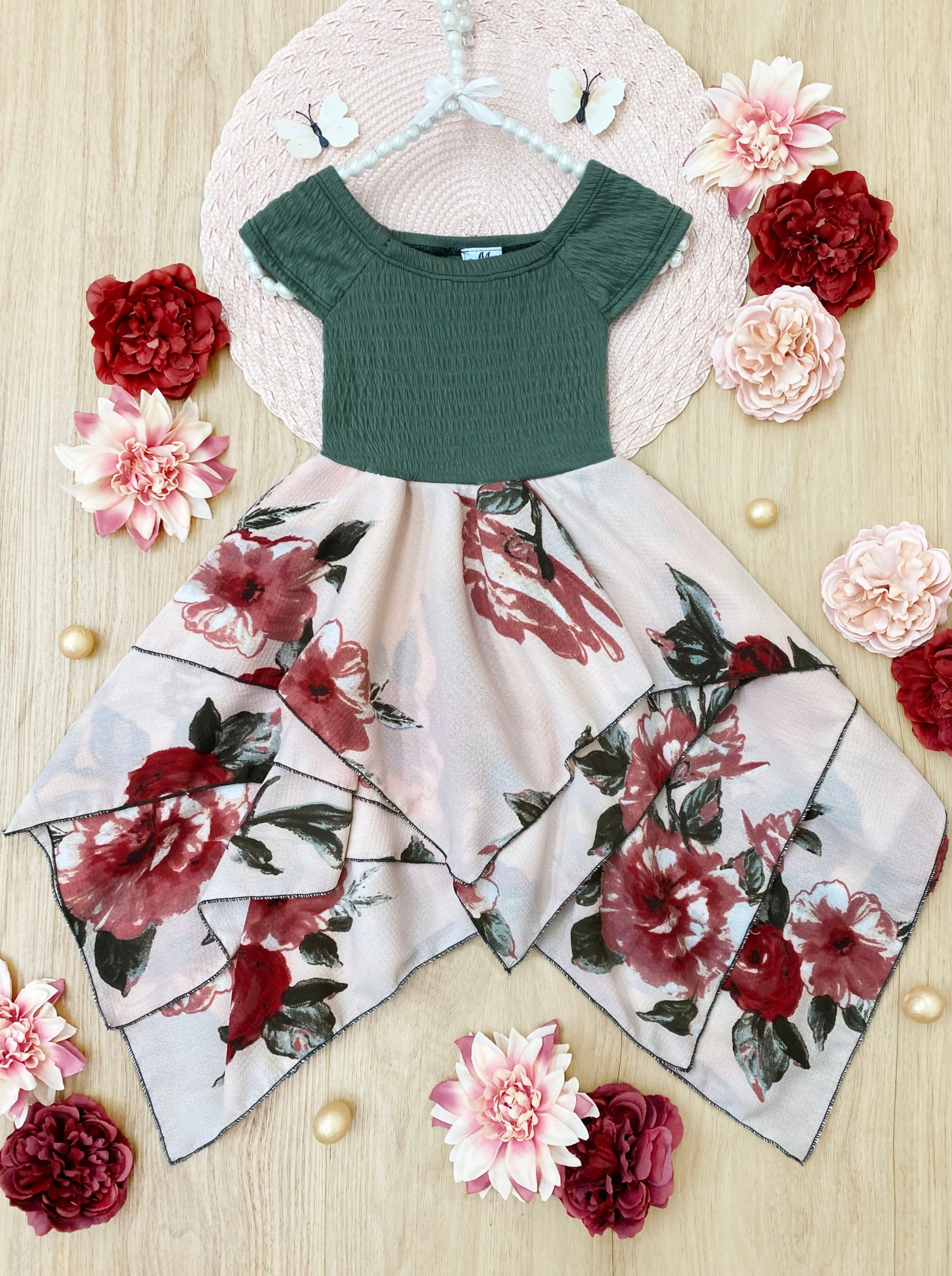 Olive Pretty Flowers Smocked Handkerchief Dress - Image 3