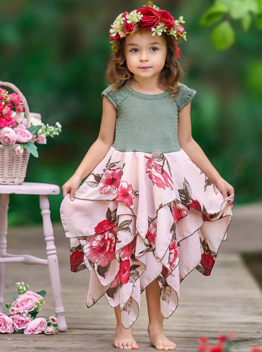 Olive Pretty Flowers Smocked Handkerchief Dress - Image 4