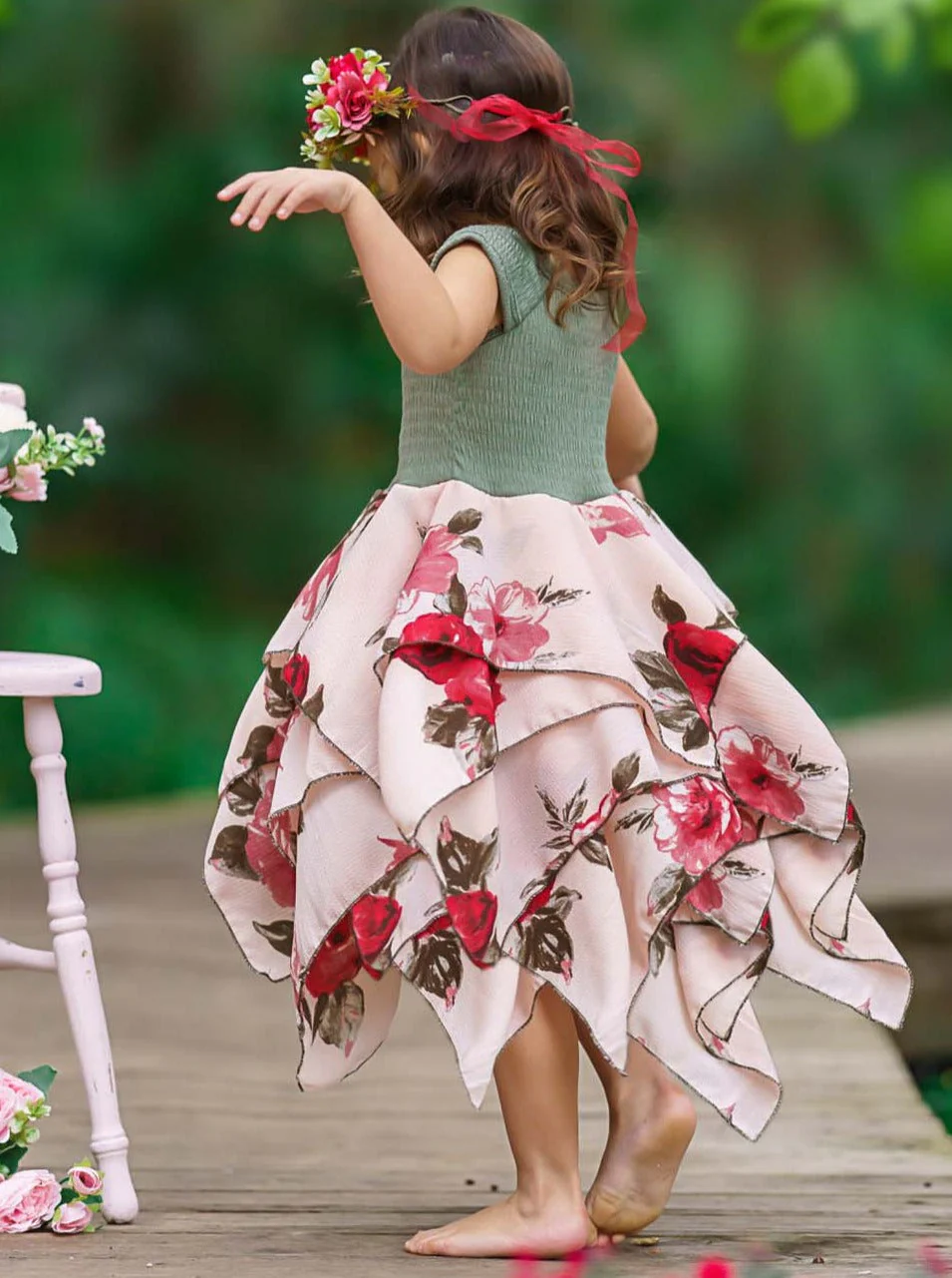 Olive Pretty Flowers Smocked Handkerchief Dress - Image 5