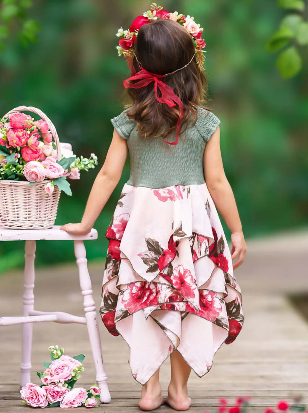 Olive Pretty Flowers Smocked Handkerchief Dress - Image 6