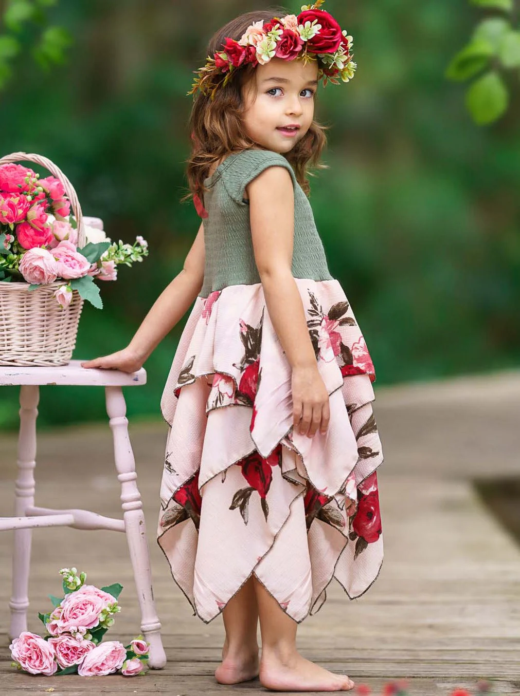 Olive Pretty Flowers Smocked Handkerchief Dress - Image 7