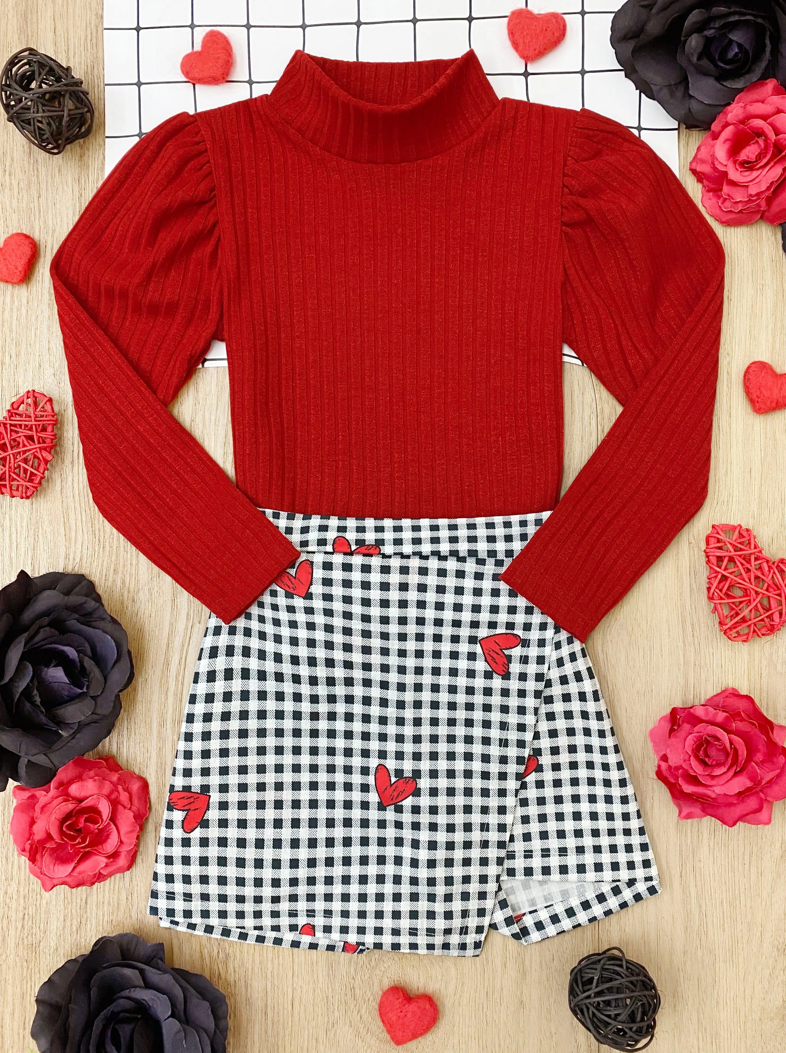 Only You Long Sleeve Top and Checkered Heart Skort Set - Image 5