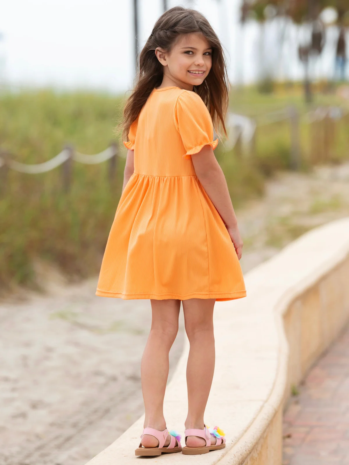 Orange Ribbed Puff Sleeve Everyday Dress - Image 2