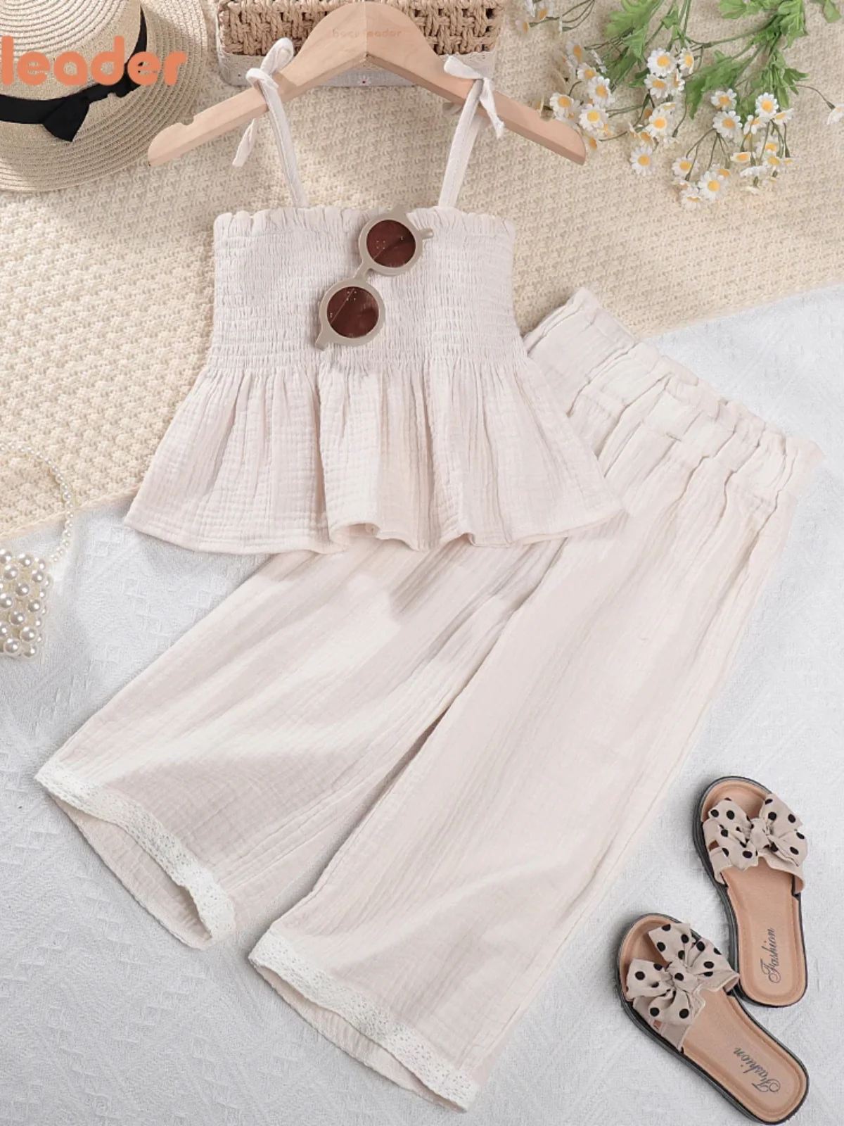 Organic Cotton Camisole Top & Lace-Trim Wide-Leg Pants Set - Image 5