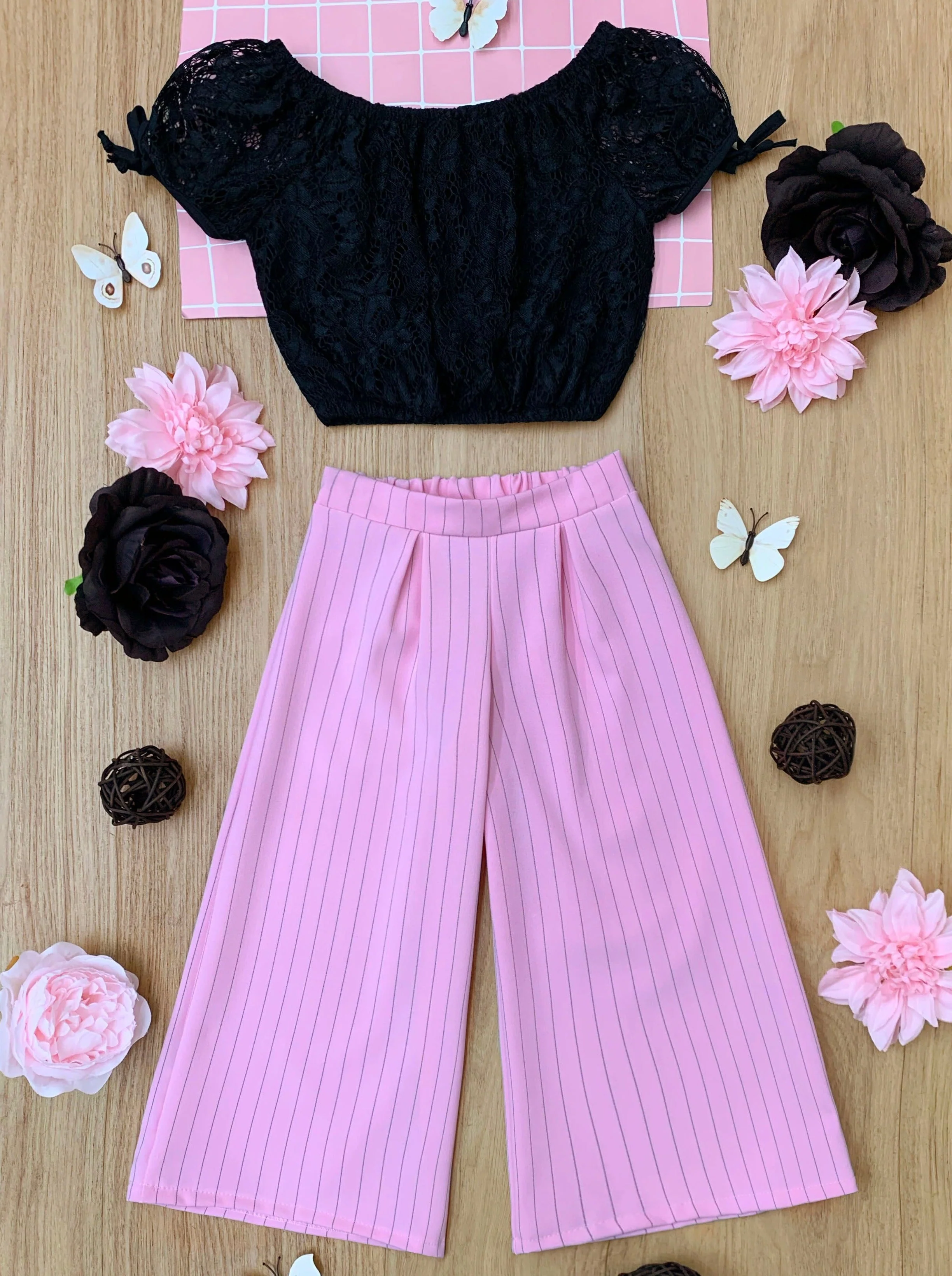 Mini Boss Babe Pinstripe Palazzo Pants Set - Image 3