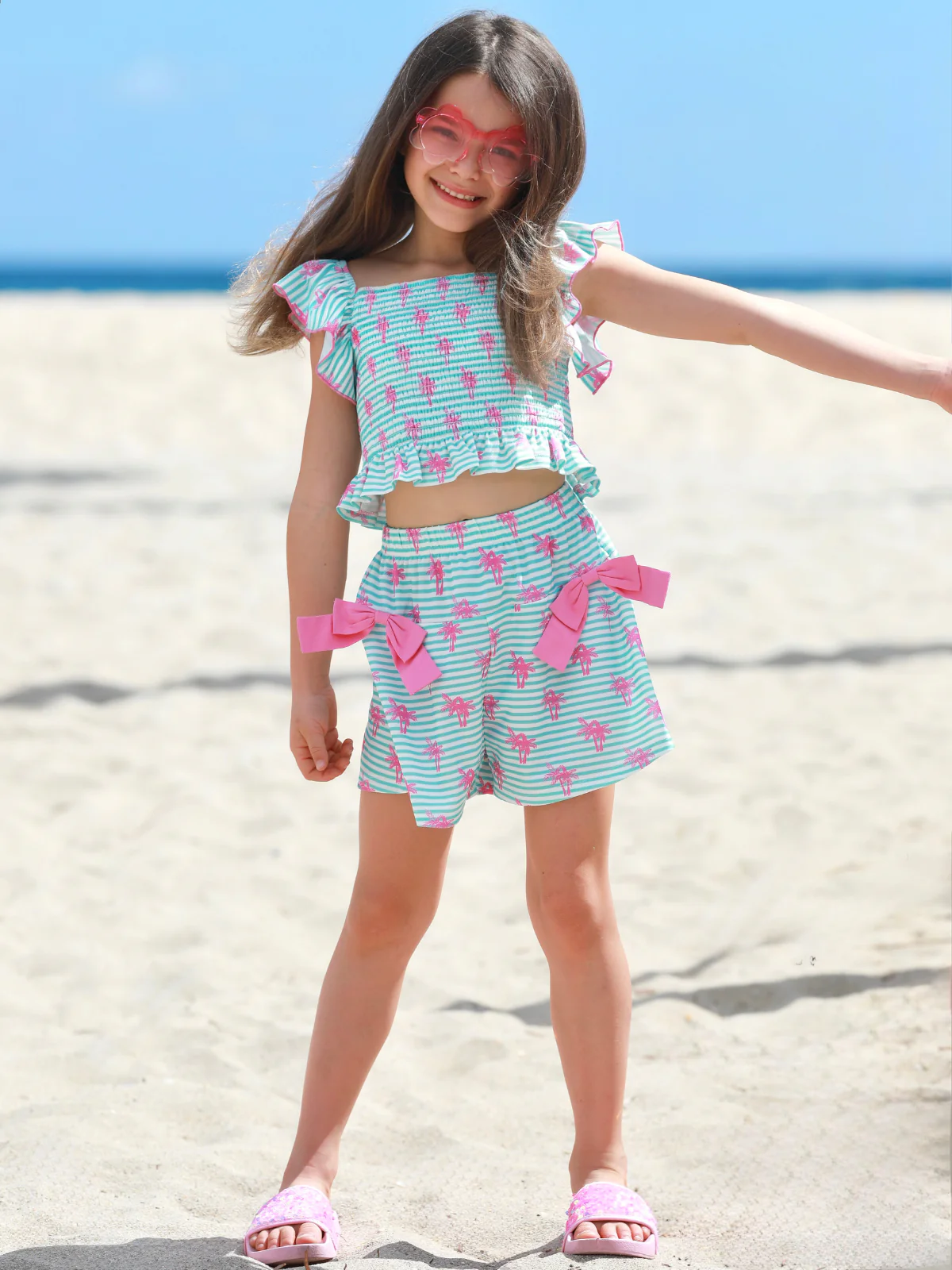 Palm Pop Smocked Ruffle Top and Bow Short Set - Image 2