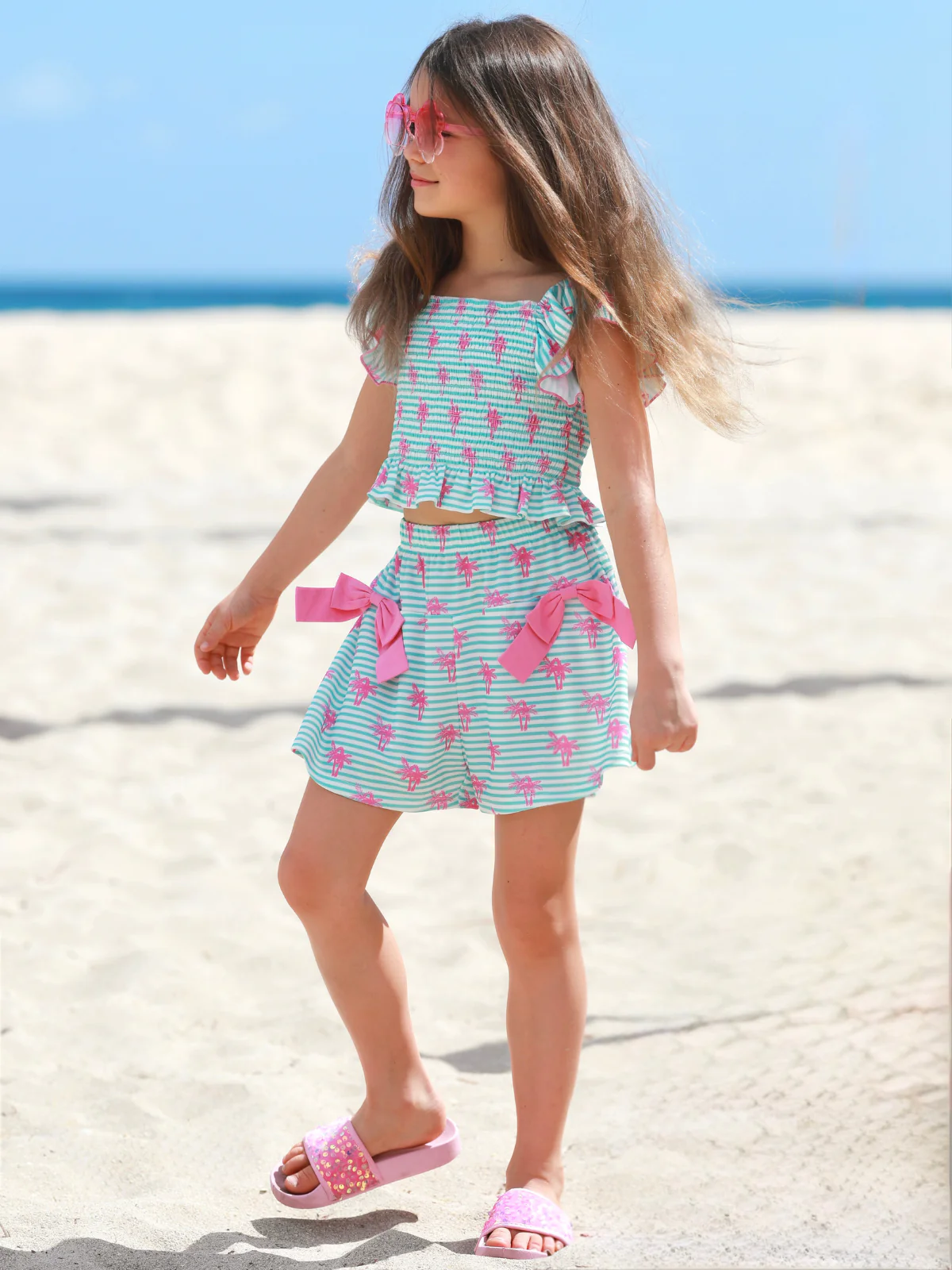 Palm Pop Smocked Ruffle Top and Bow Short Set - Image 4