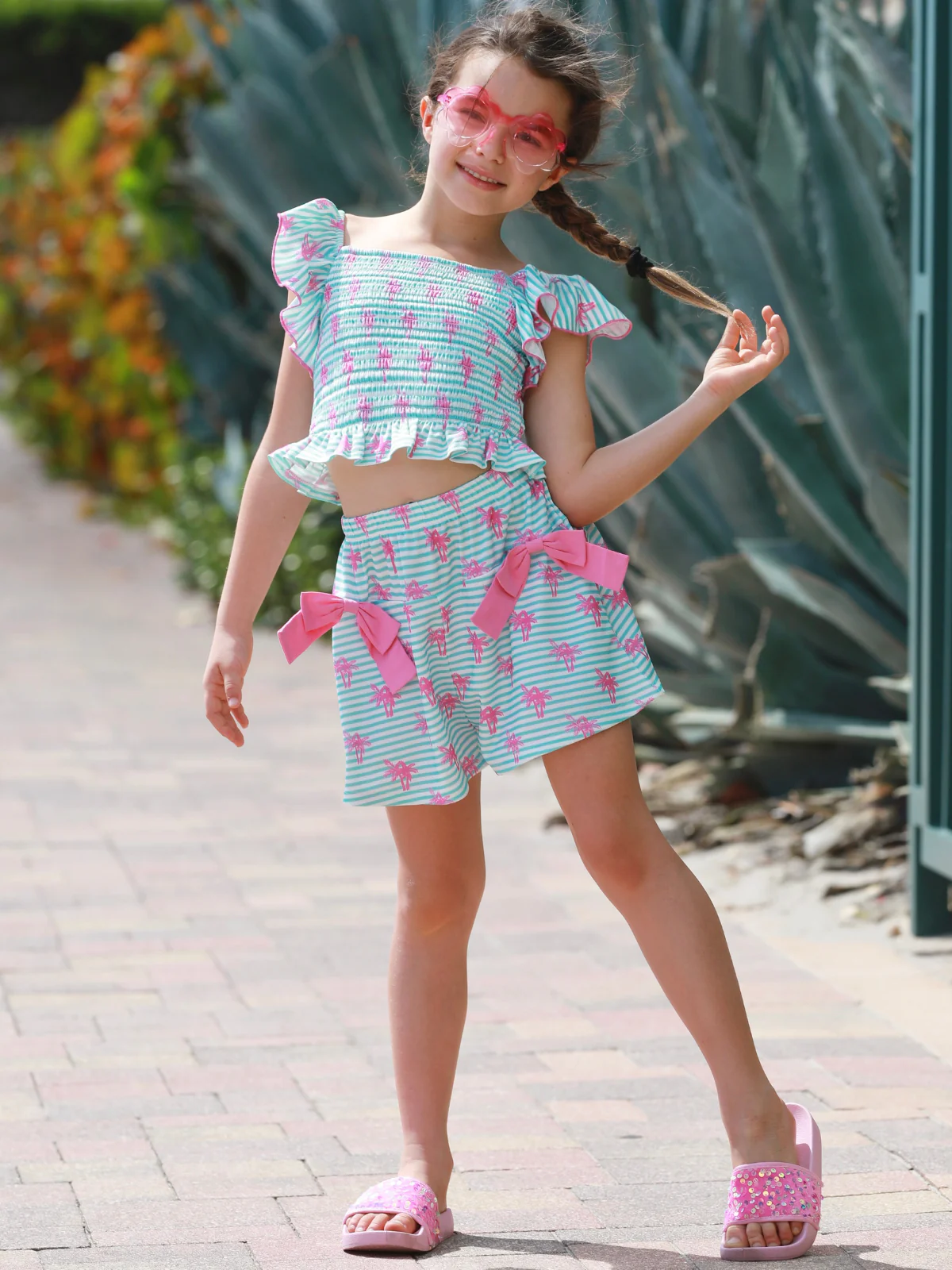 Palm Pop Smocked Ruffle Top and Bow Short Set - Image 5