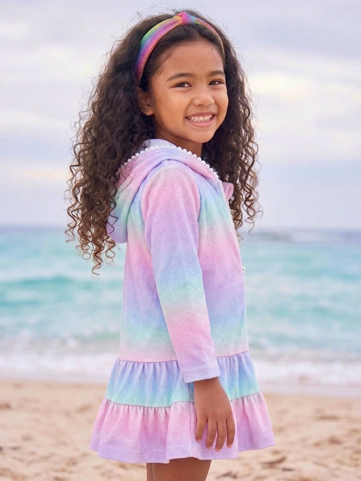 Pastel Waves Hooded Terry Ruffle Cover Up - Image 2